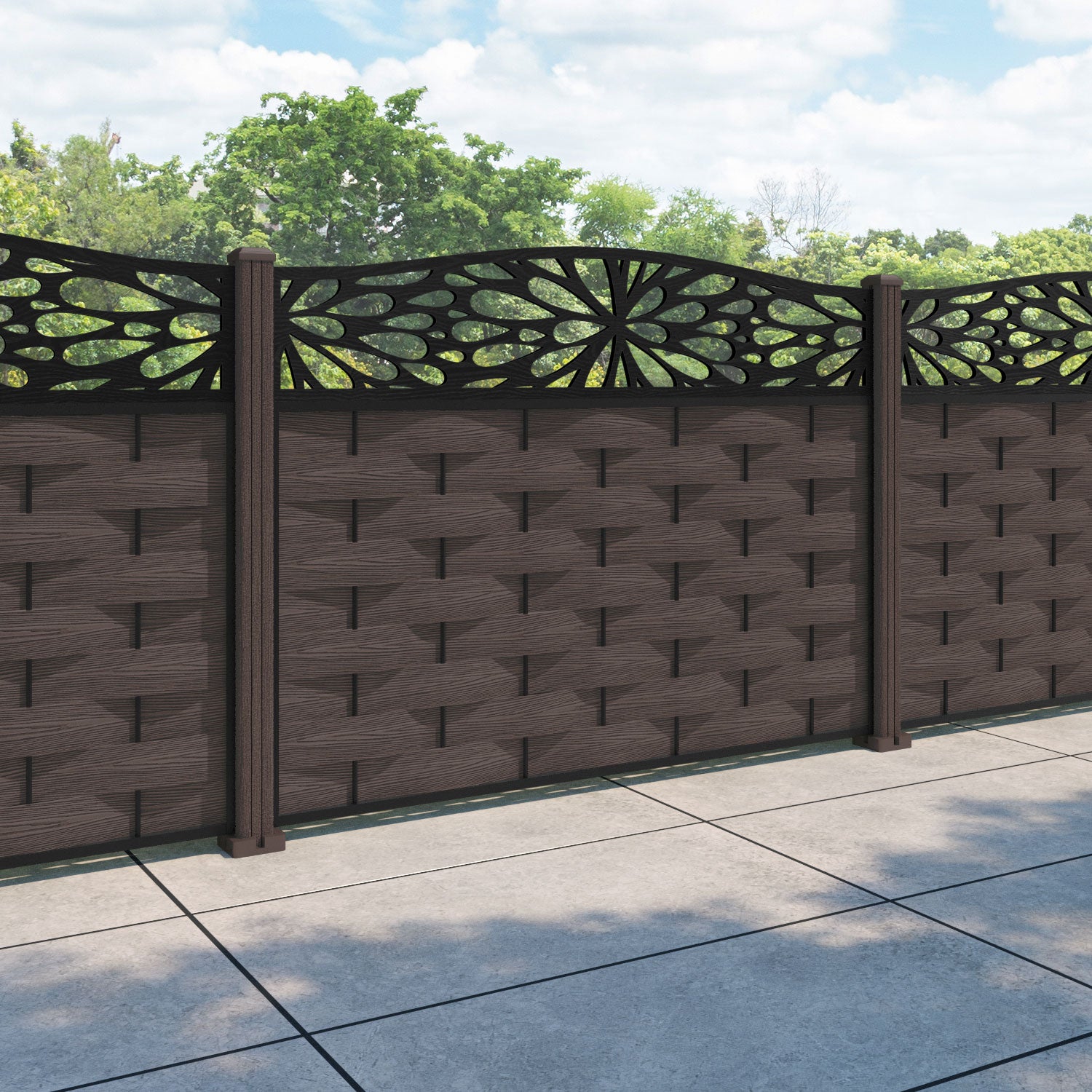Ripple Blossom Curved Top Fence Panel - Mid Brown - with our composite posts