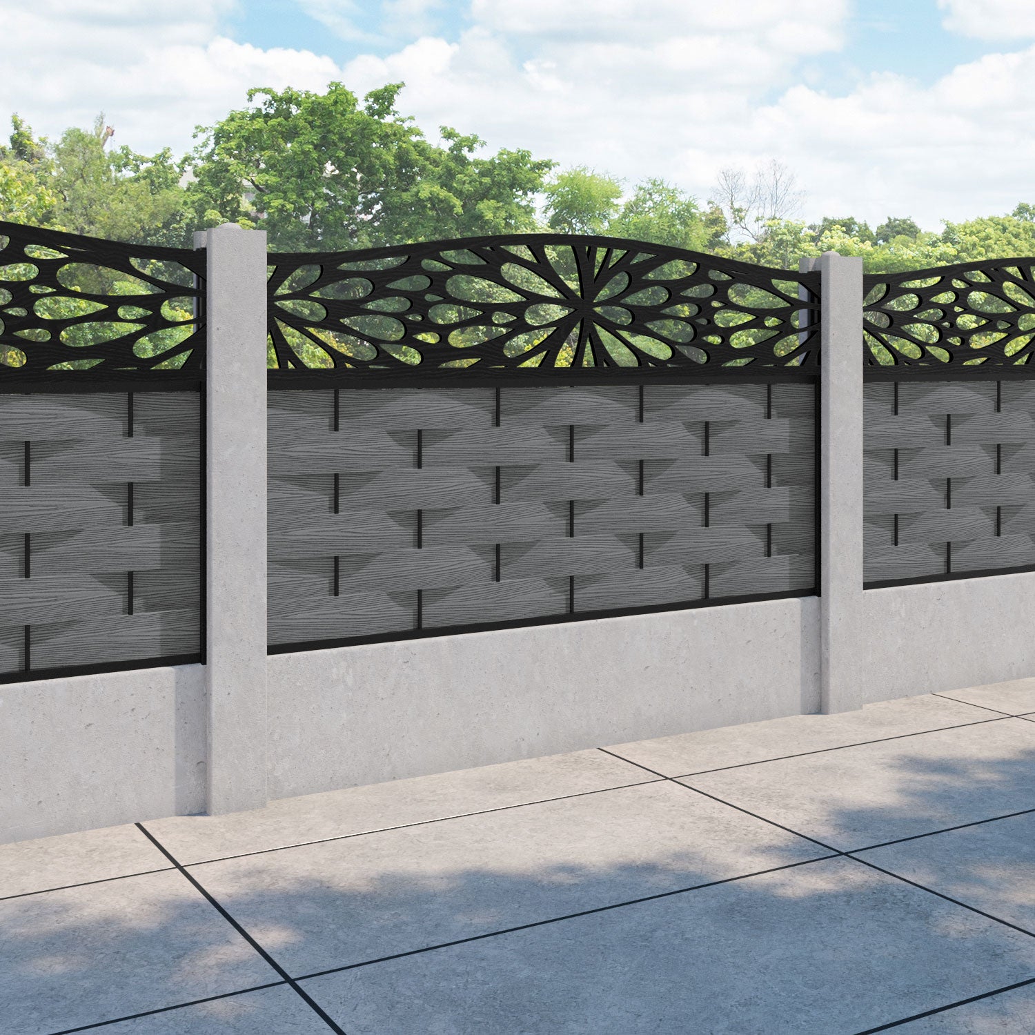Ripple Blossom Curved Top Fence Panel - Mid Grey - for existing concrete posts