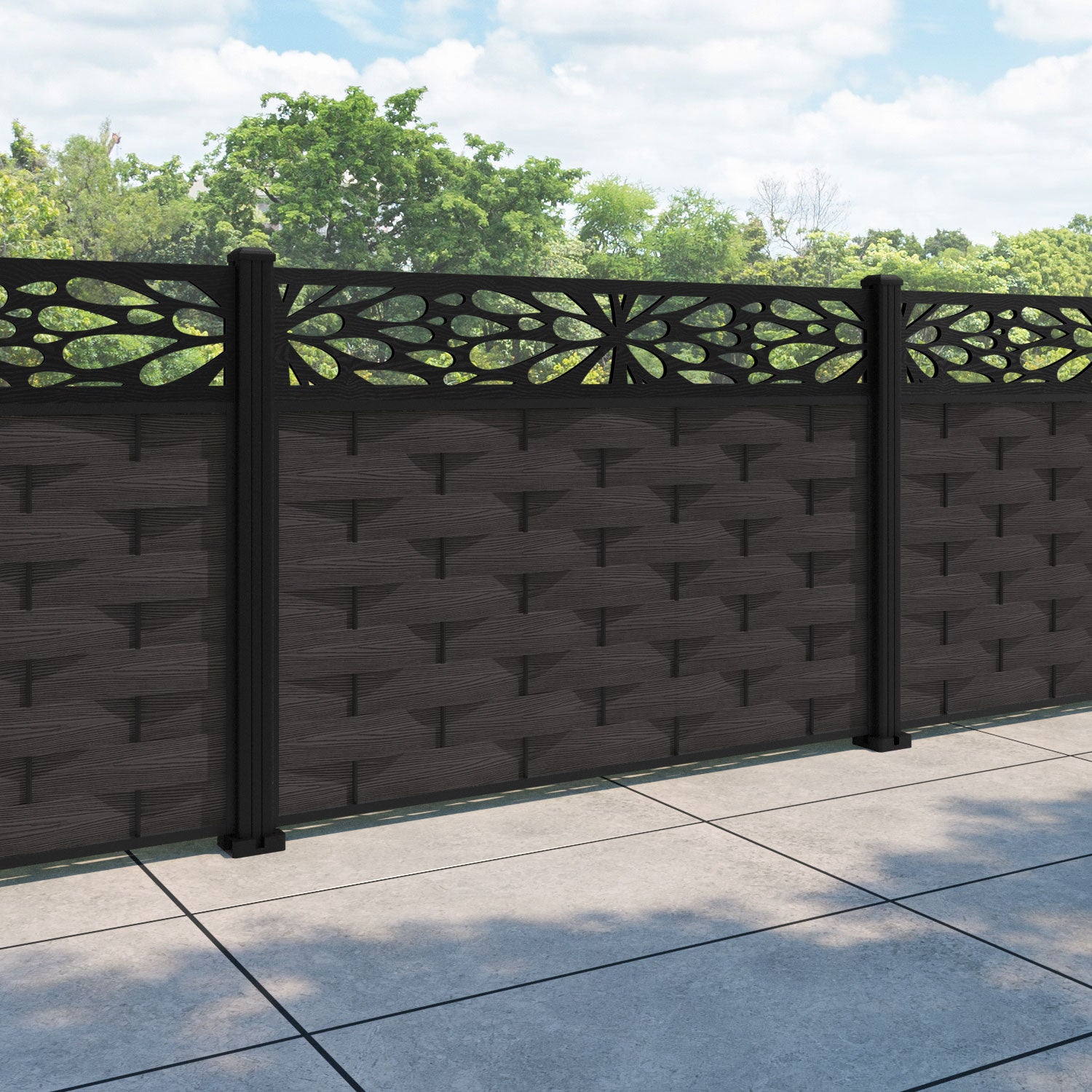 Ripple Blossom Fence Panel - Dark Oak - with our aluminium posts
