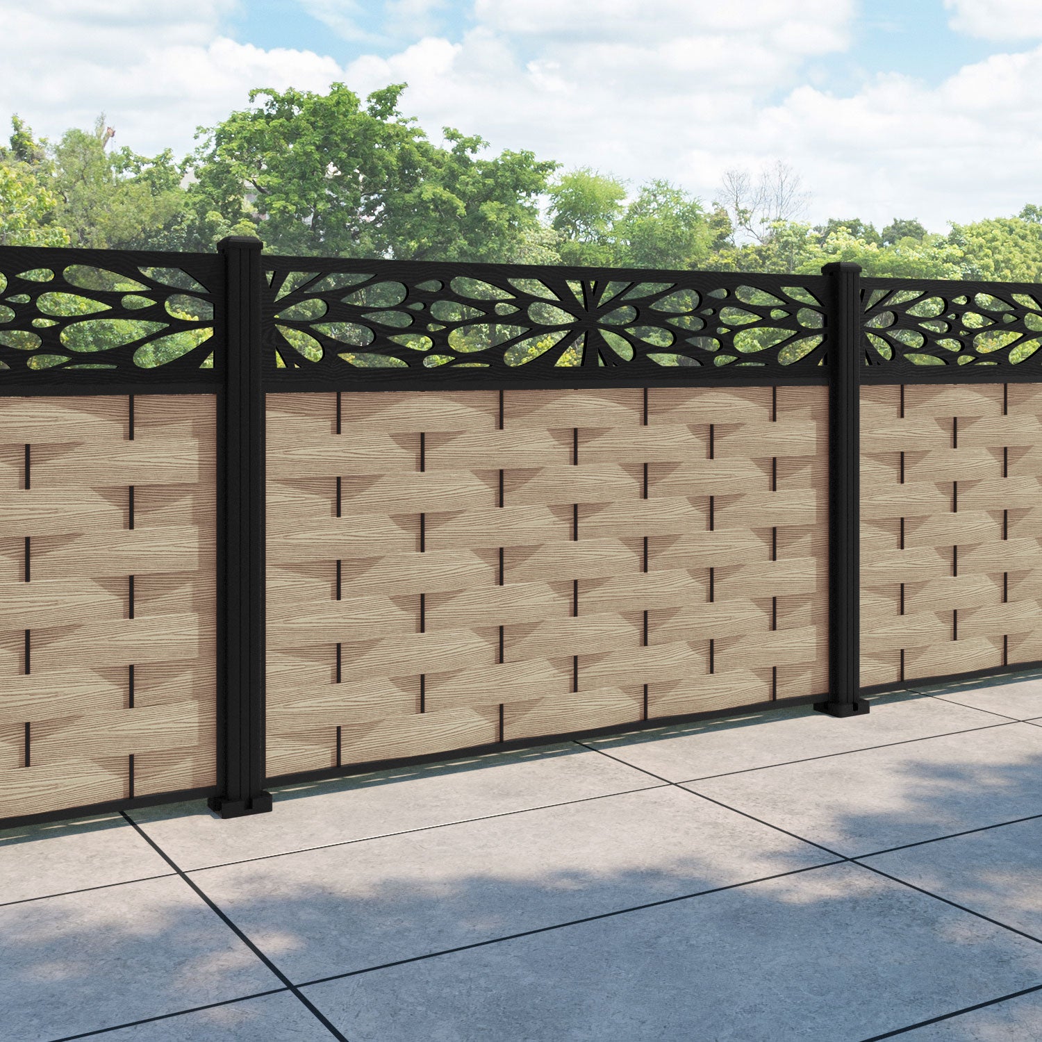 Ripple Blossom Fence Panel - Light Oak - with our aluminium posts