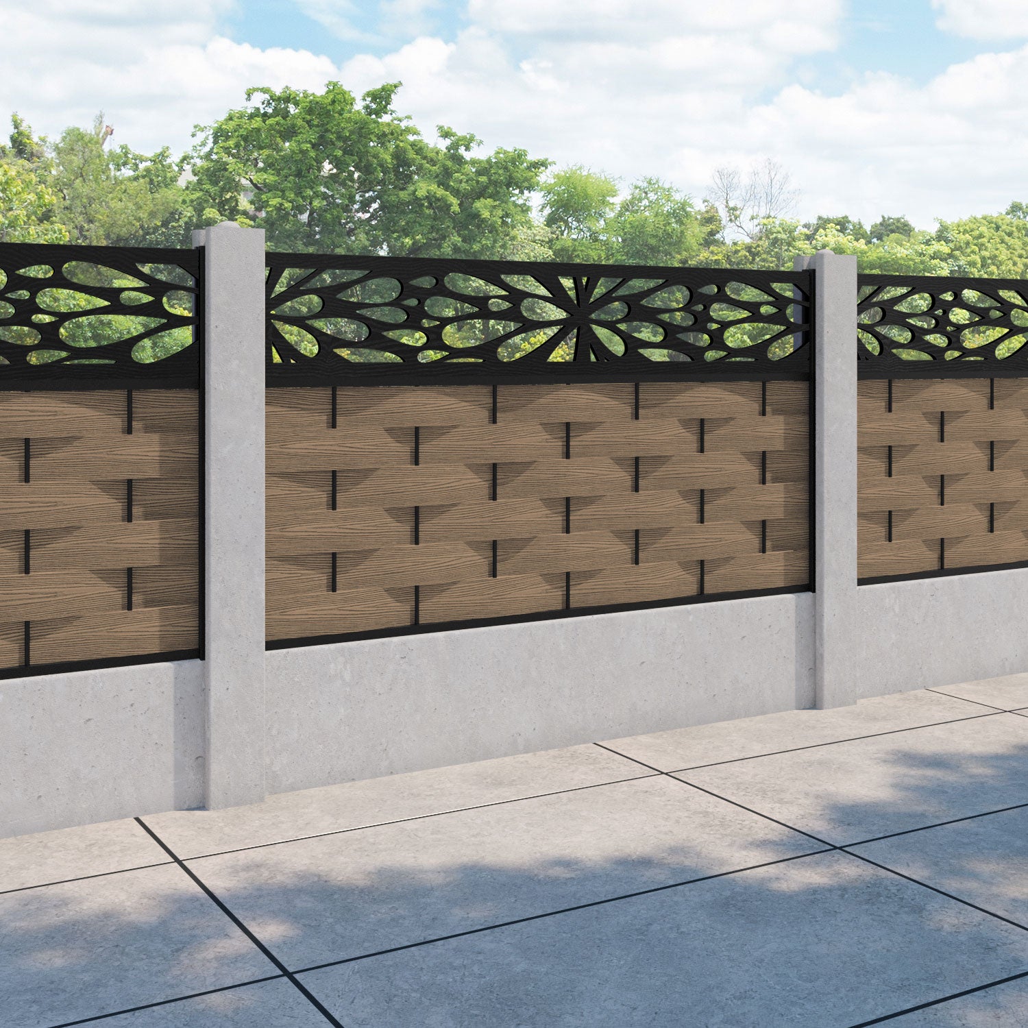 Ripple Blossom Fence Panel - Teak - for existing concrete posts