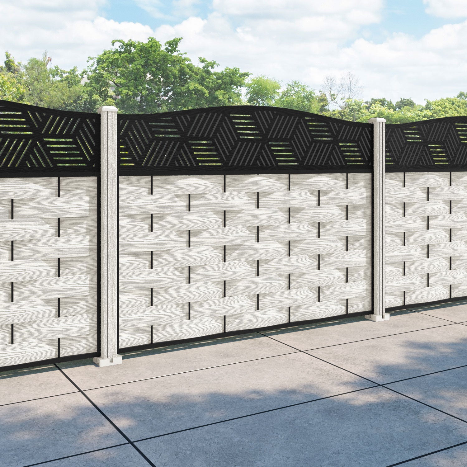 Ripple Cubed Curved Top Fence Panel - Light Stone - with our composite posts