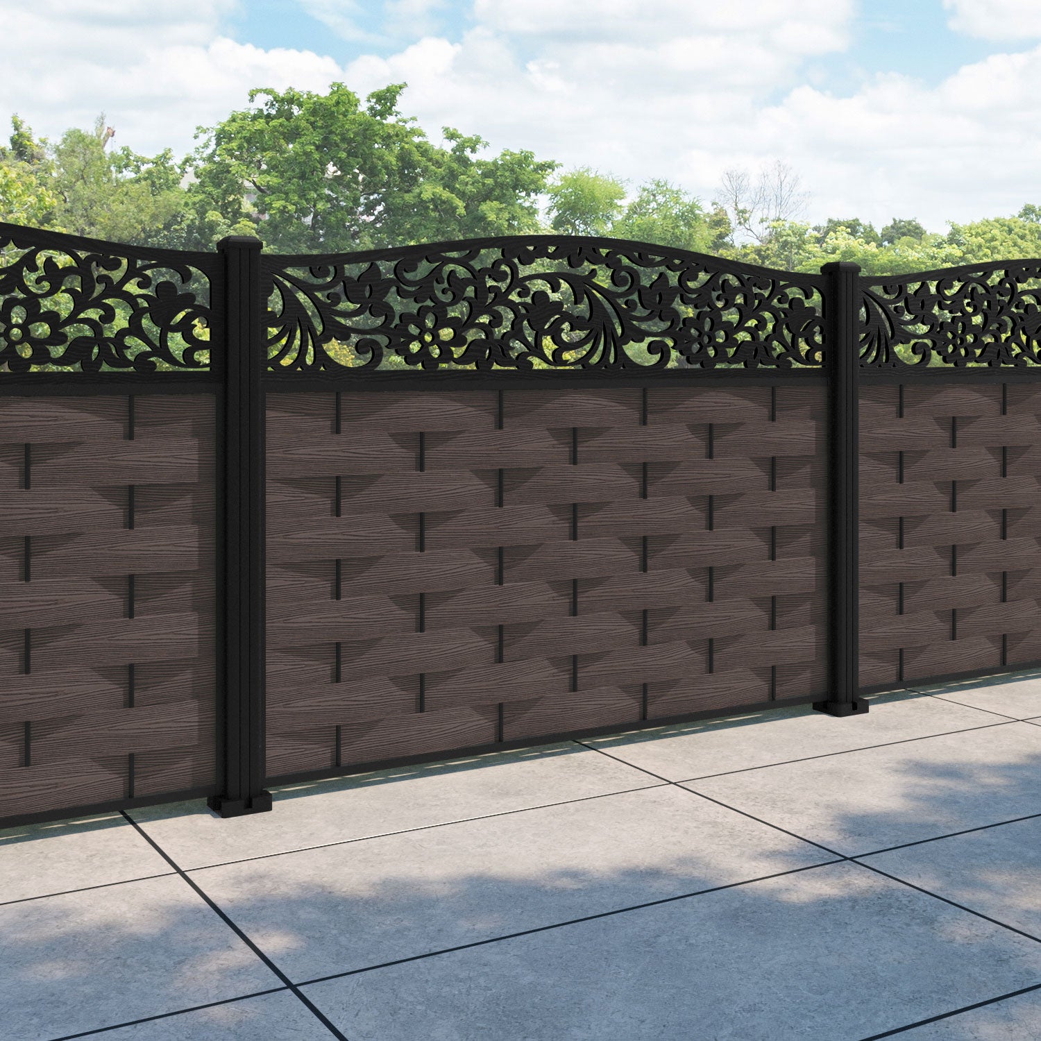 Ripple Eden Curved Top Fence Panel - Mid Brown - with our aluminium posts