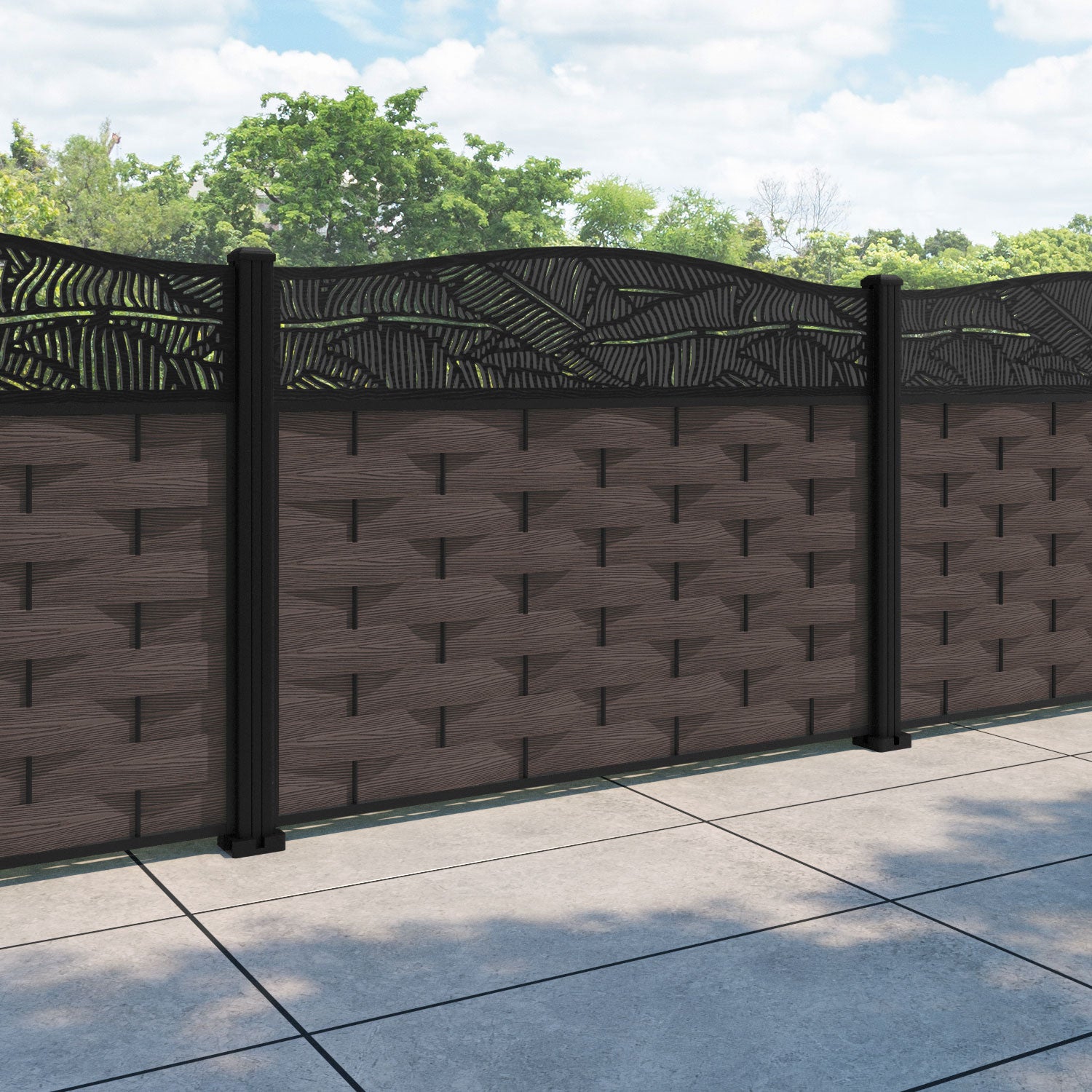 Ripple Feather Curved Top Fence Panel - Mid Brown - with our aluminium posts