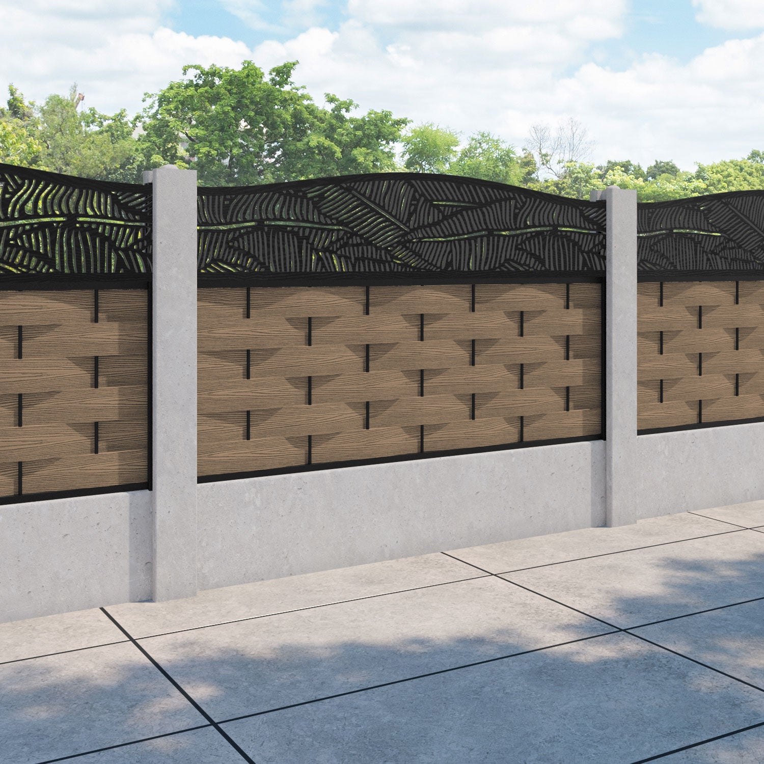 Ripple Feather Curved Top Fence Panel - Teak - for existing concrete posts