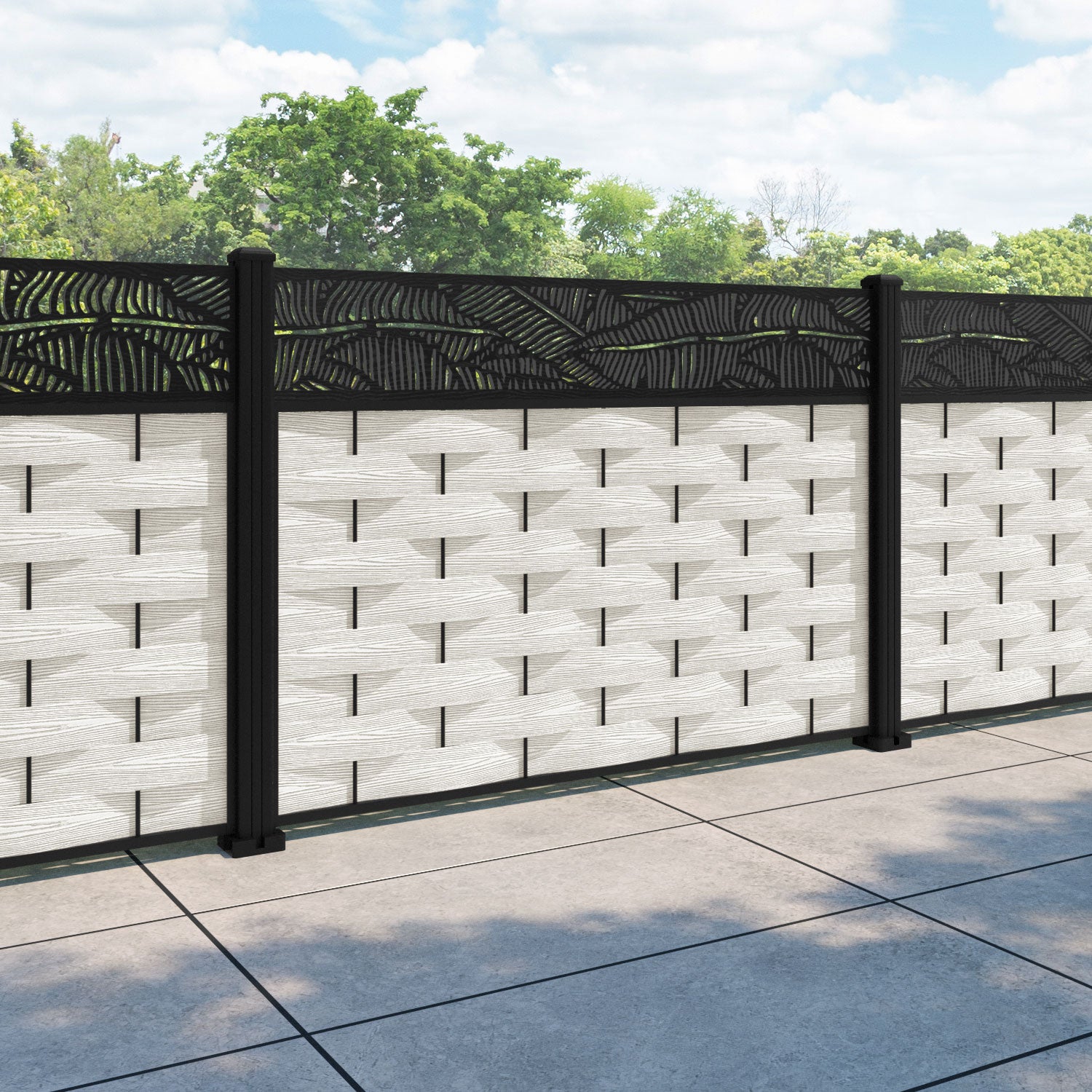 Ripple Feather Fence Panel - Light Stone - with our aluminium posts