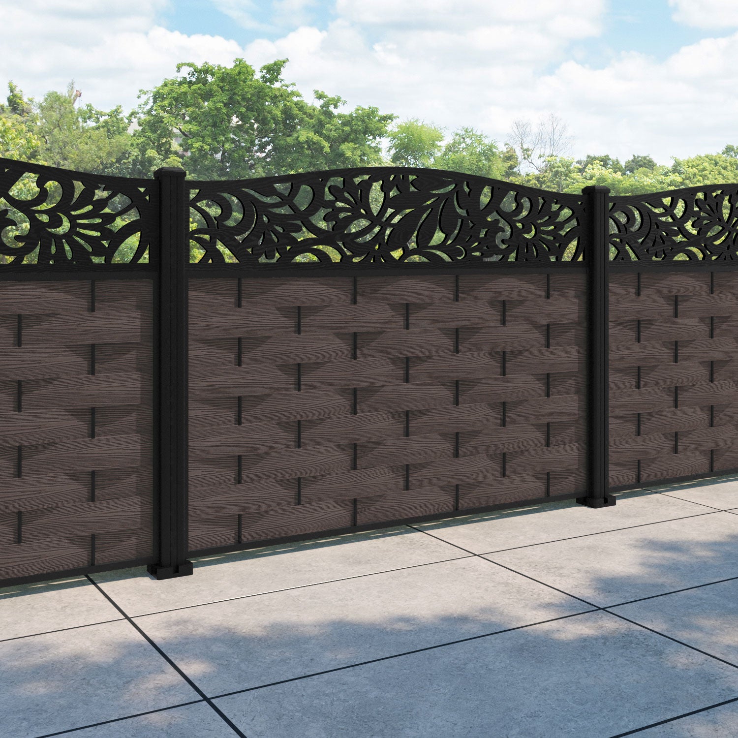 Ripple Heritage Curved Top Fence Panel - Mid Brown - with our aluminium posts