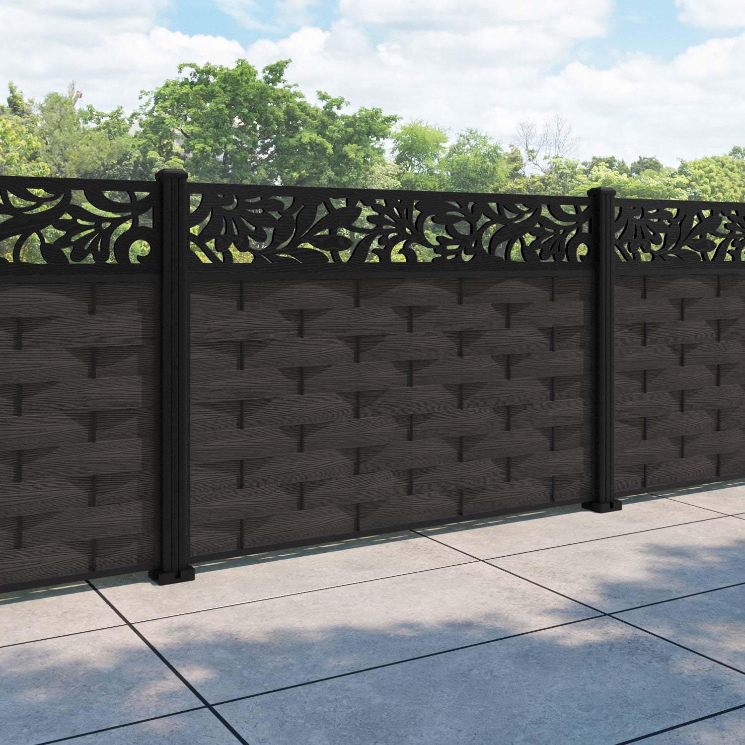 Ripple Heritage Fence Panel - Dark Oak - with our aluminium posts