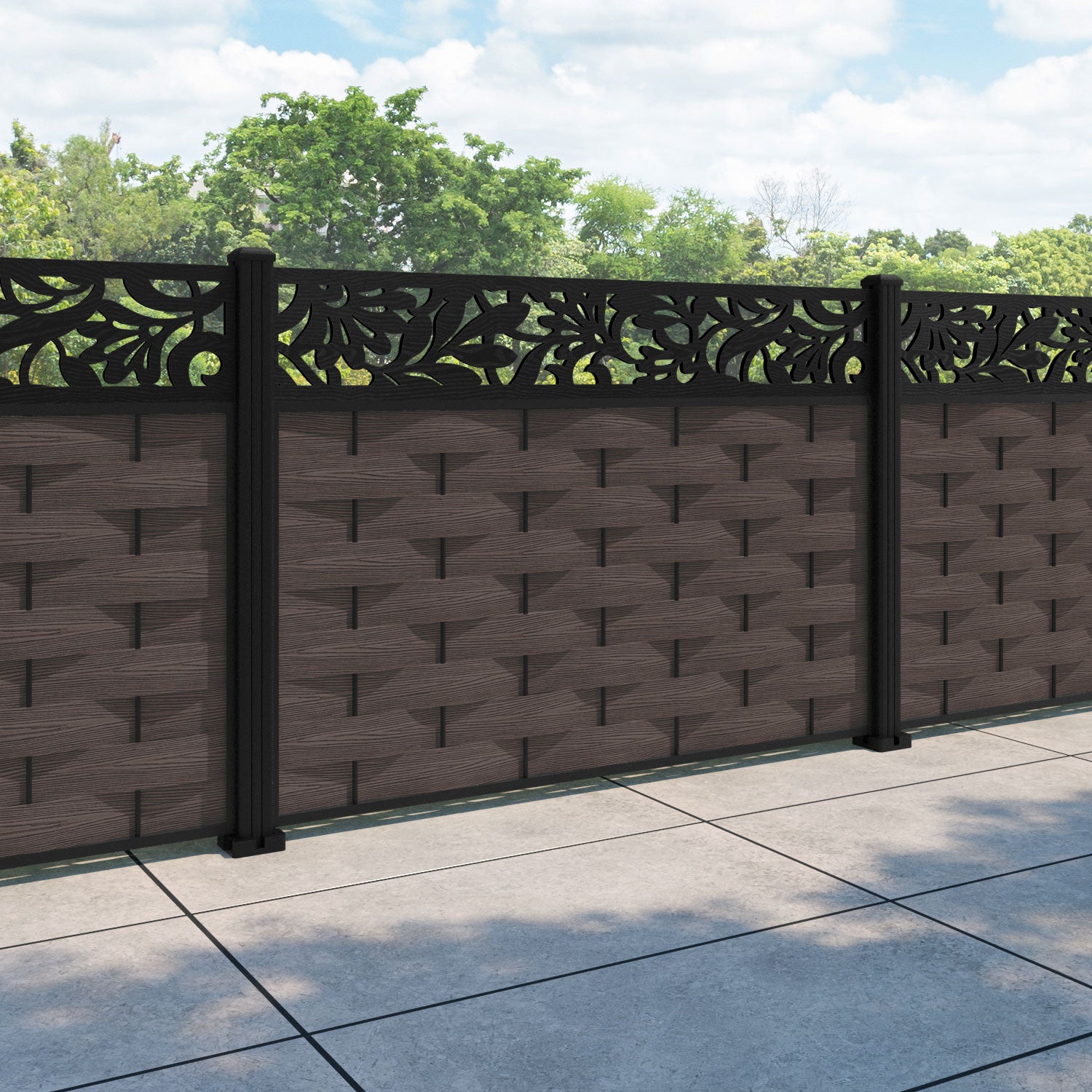 Ripple Heritage Fence Panel - Mid Brown - with our aluminium posts