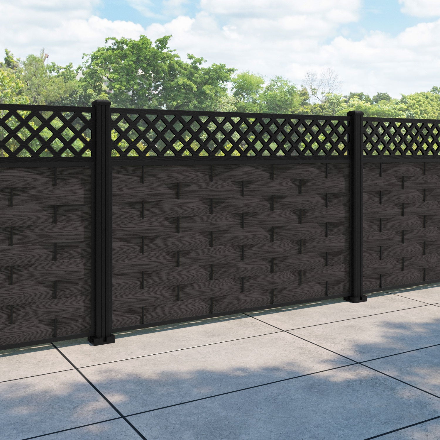 Ripple Hive Fence Panel - Dark Oak - with our aluminium posts