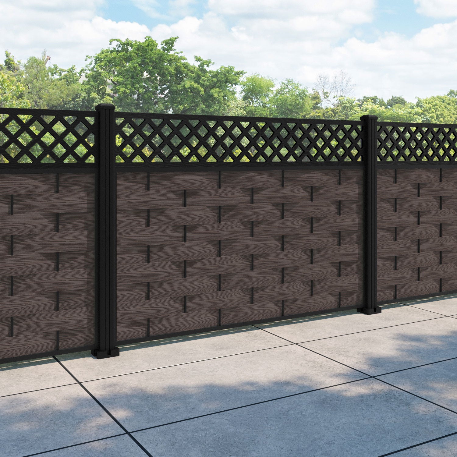 Ripple Hive Fence Panel - Mid Brown - with our aluminium posts