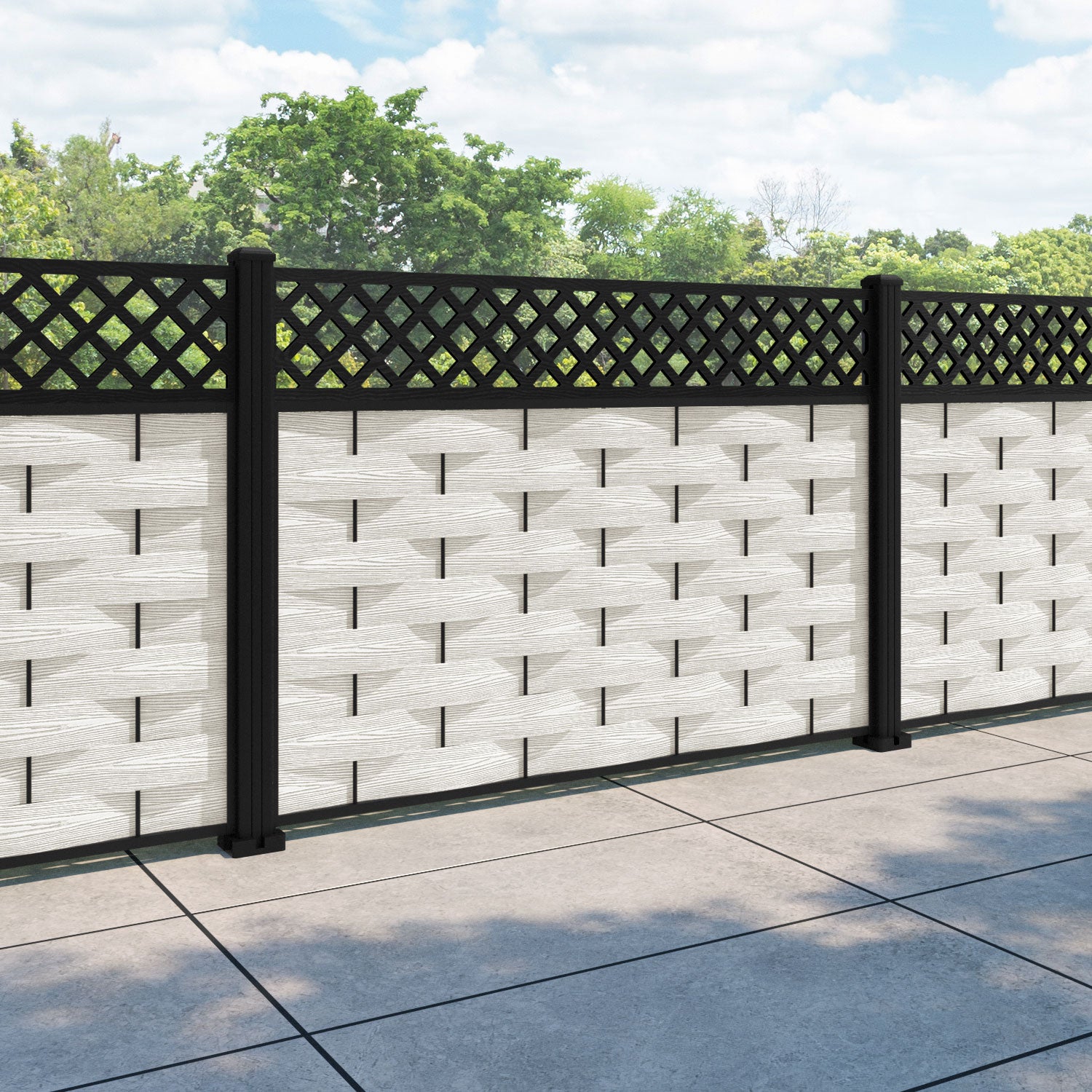 Ripple Hive Fence Panel - Light Stone - with our aluminium posts