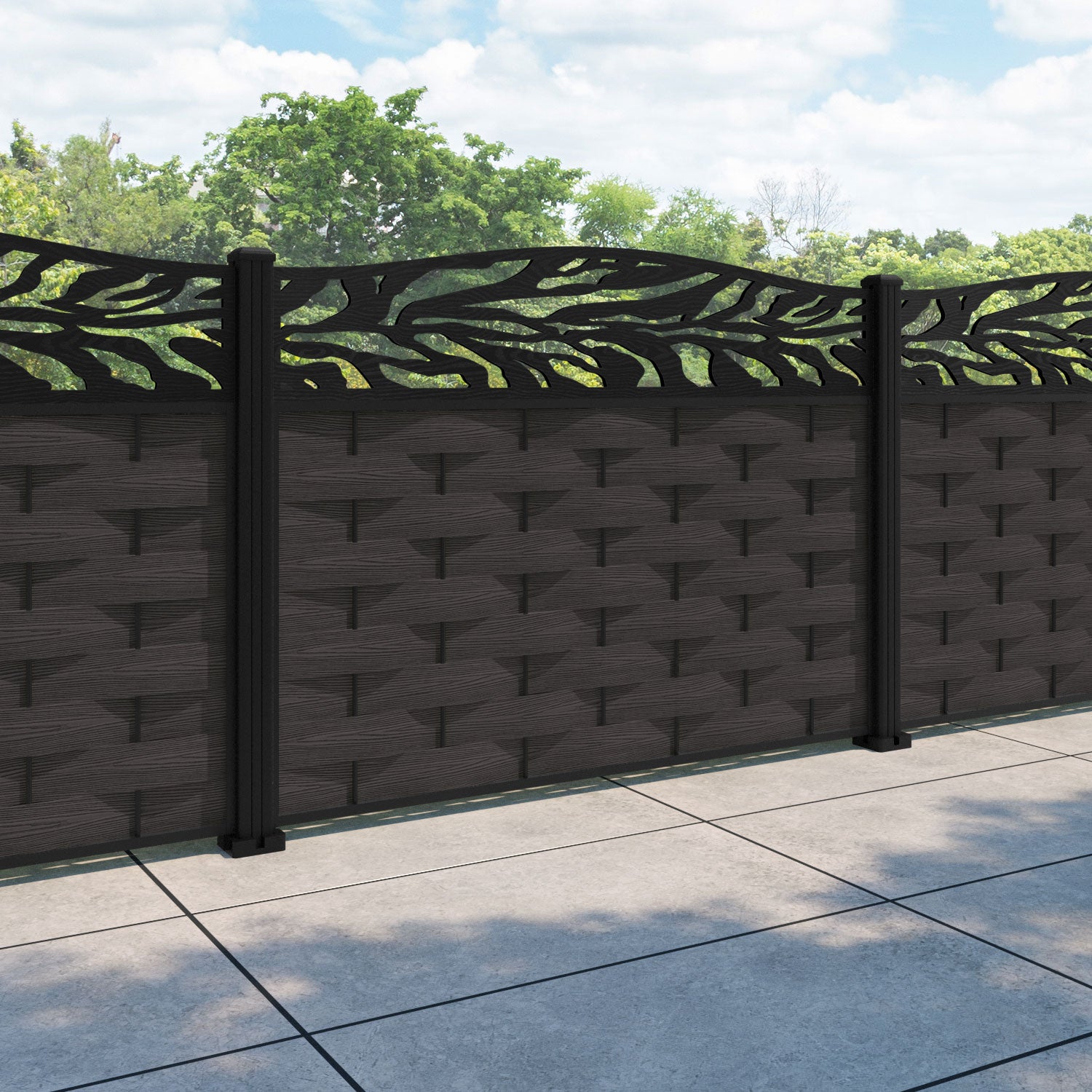 Ripple Malawi Curved Top Fence Panel - Dark Oak - with our aluminium posts