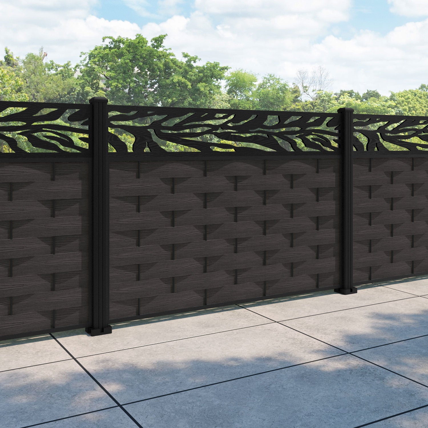 Ripple Malawi Fence Panel - Dark Oak - with our aluminium posts