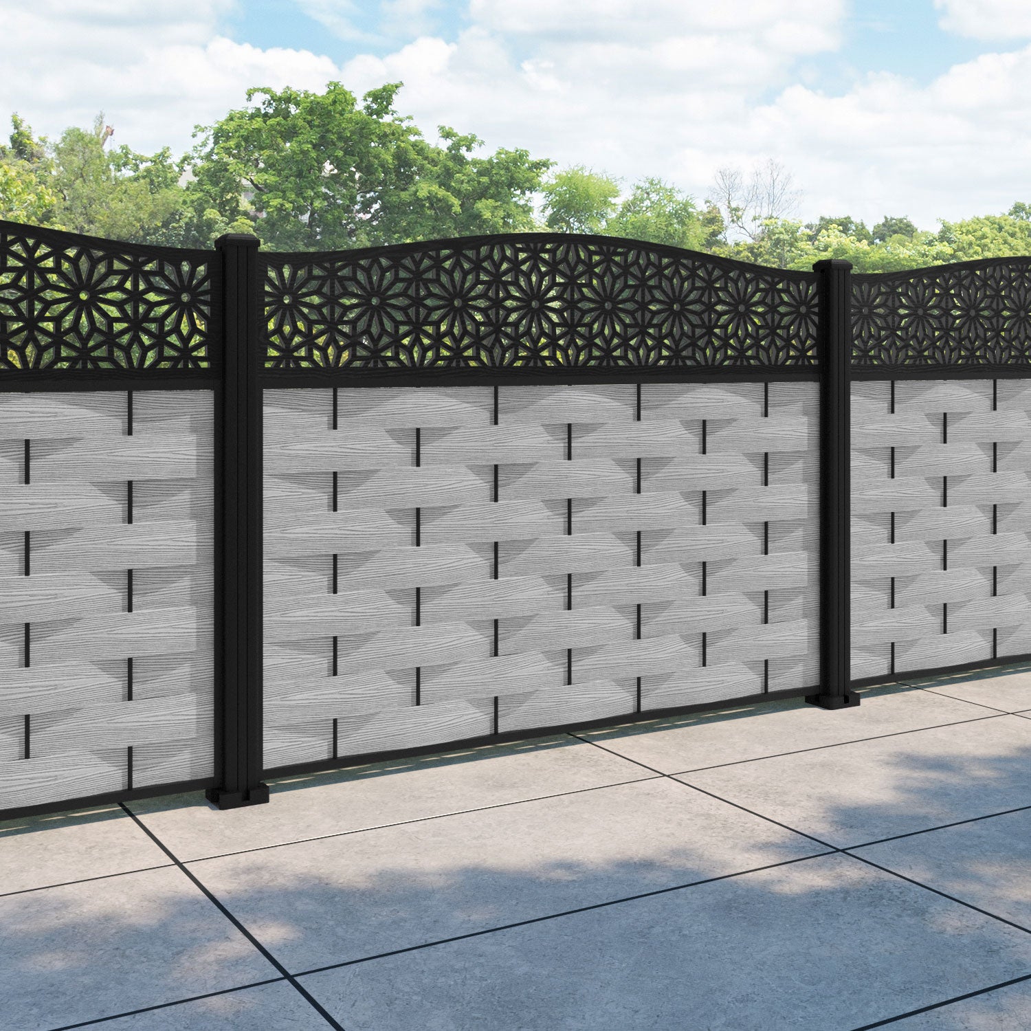 Ripple Narwa Curved Top Fence Panel - Light Grey - with our aluminium posts