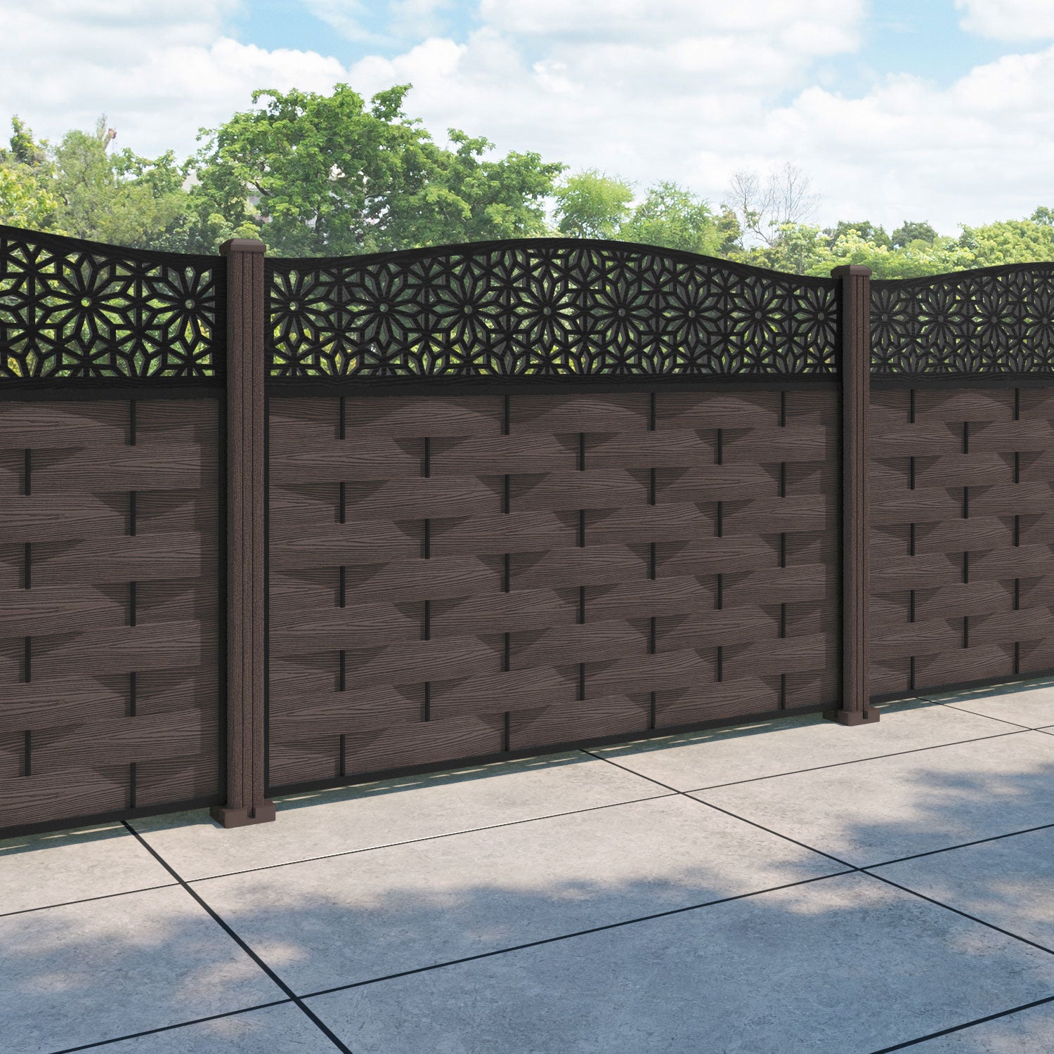Ripple Narwa Curved Top Fence Panel - Mid Brown - with our composite posts