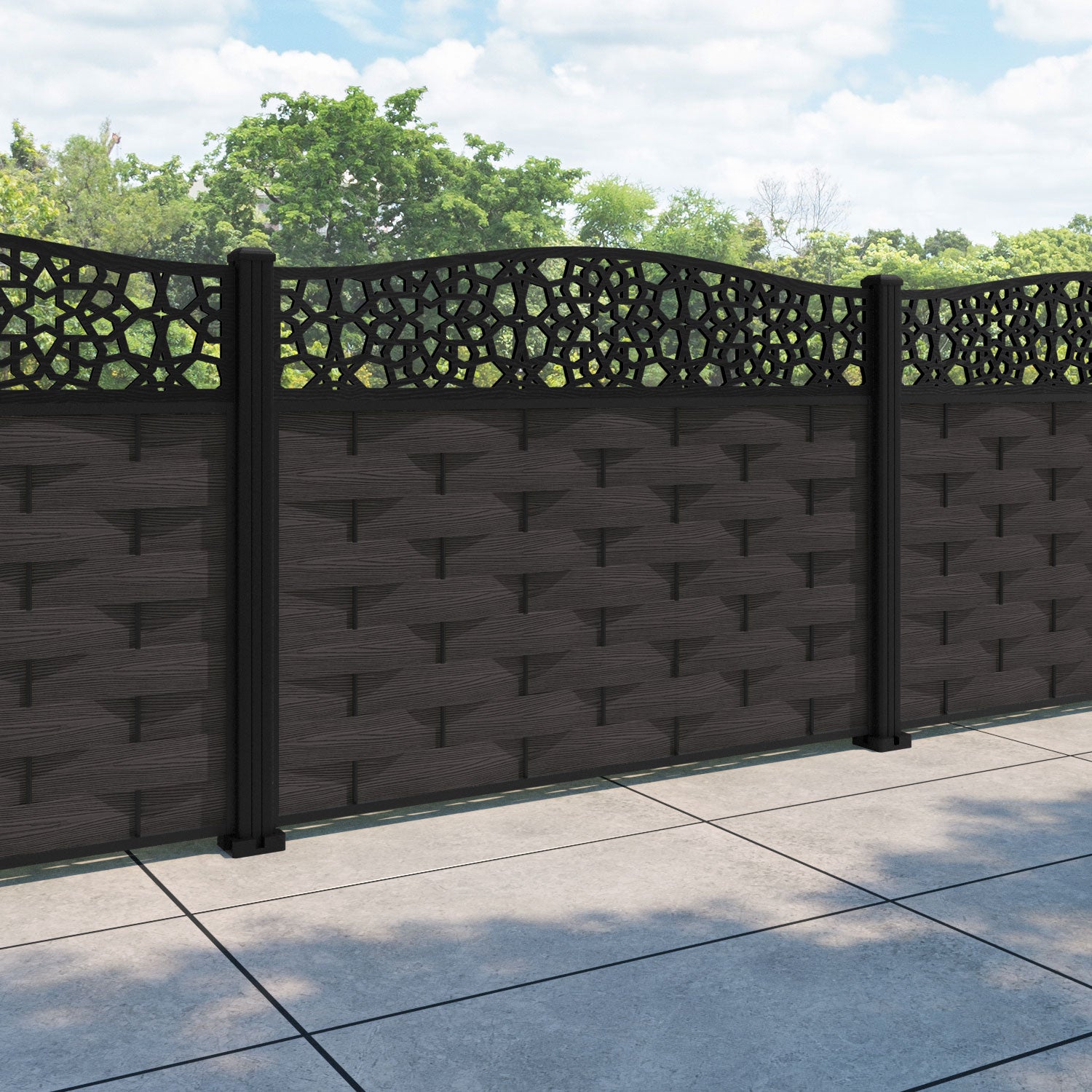 Ripple Nazira Curved Top Fence Panel - Dark Oak - with our aluminium posts