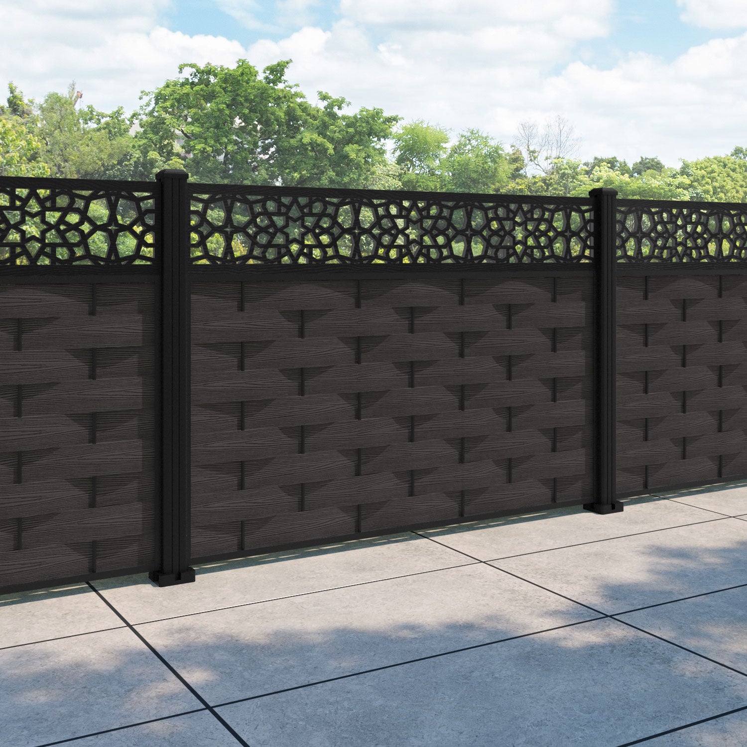 Ripple Nazira Fence Panel - Dark Oak - with our aluminium posts
