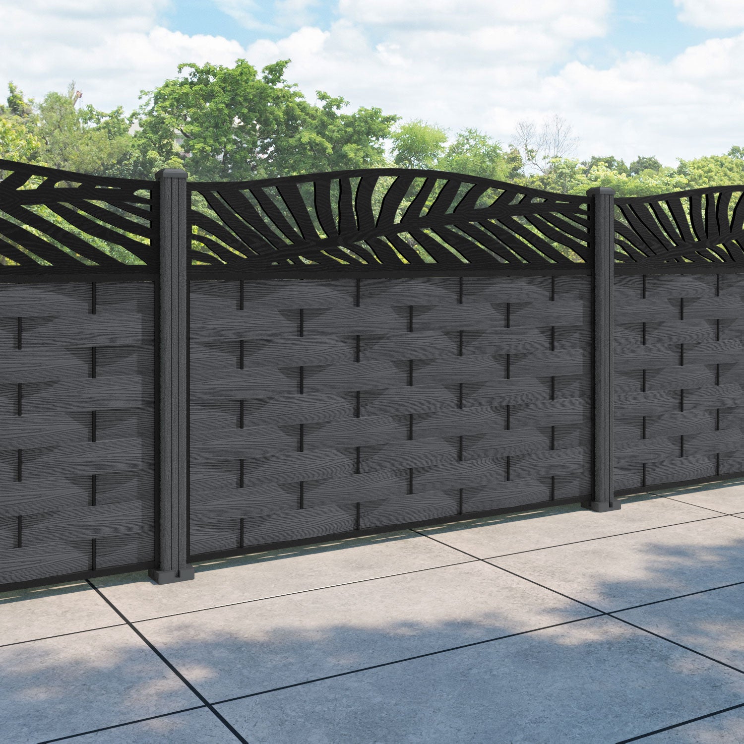 Ripple Palm Curved Top Fence Panel - Dark Grey - with our composite posts
