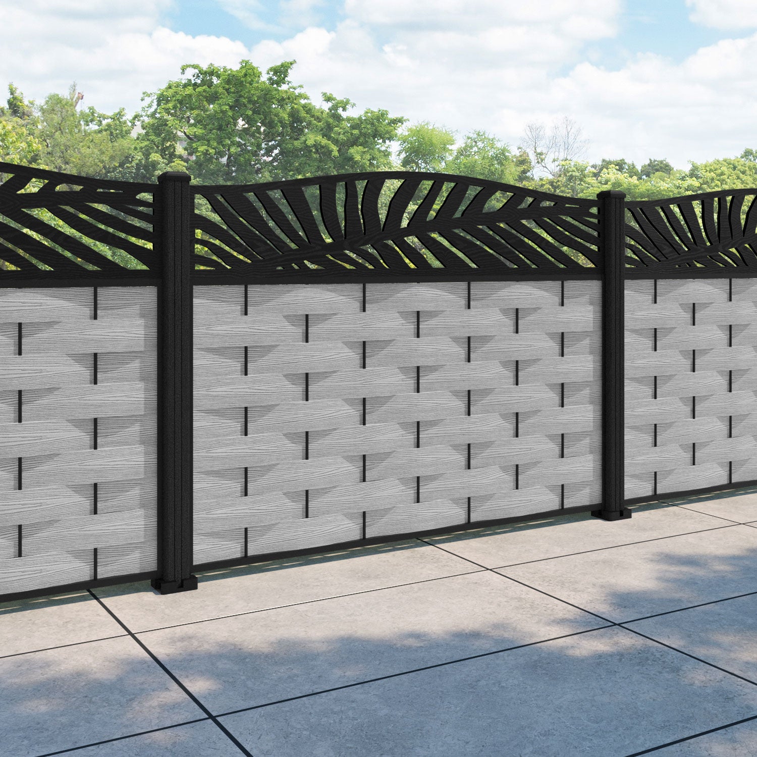 Ripple Palm Curved Top Fence Panel - Light Grey - with our composite posts