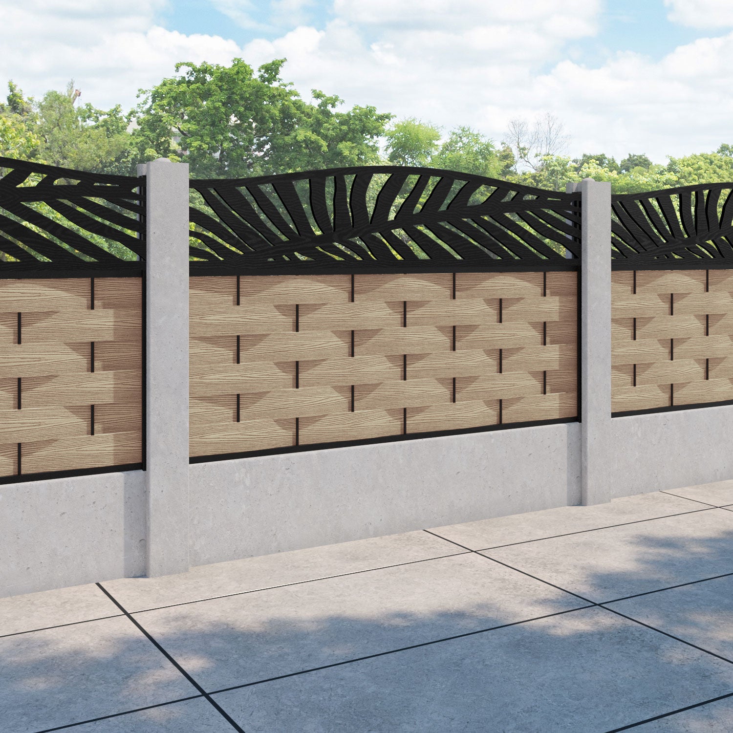 Ripple Palm Curved Top Fence Panel - Light Oak - for existing concrete posts