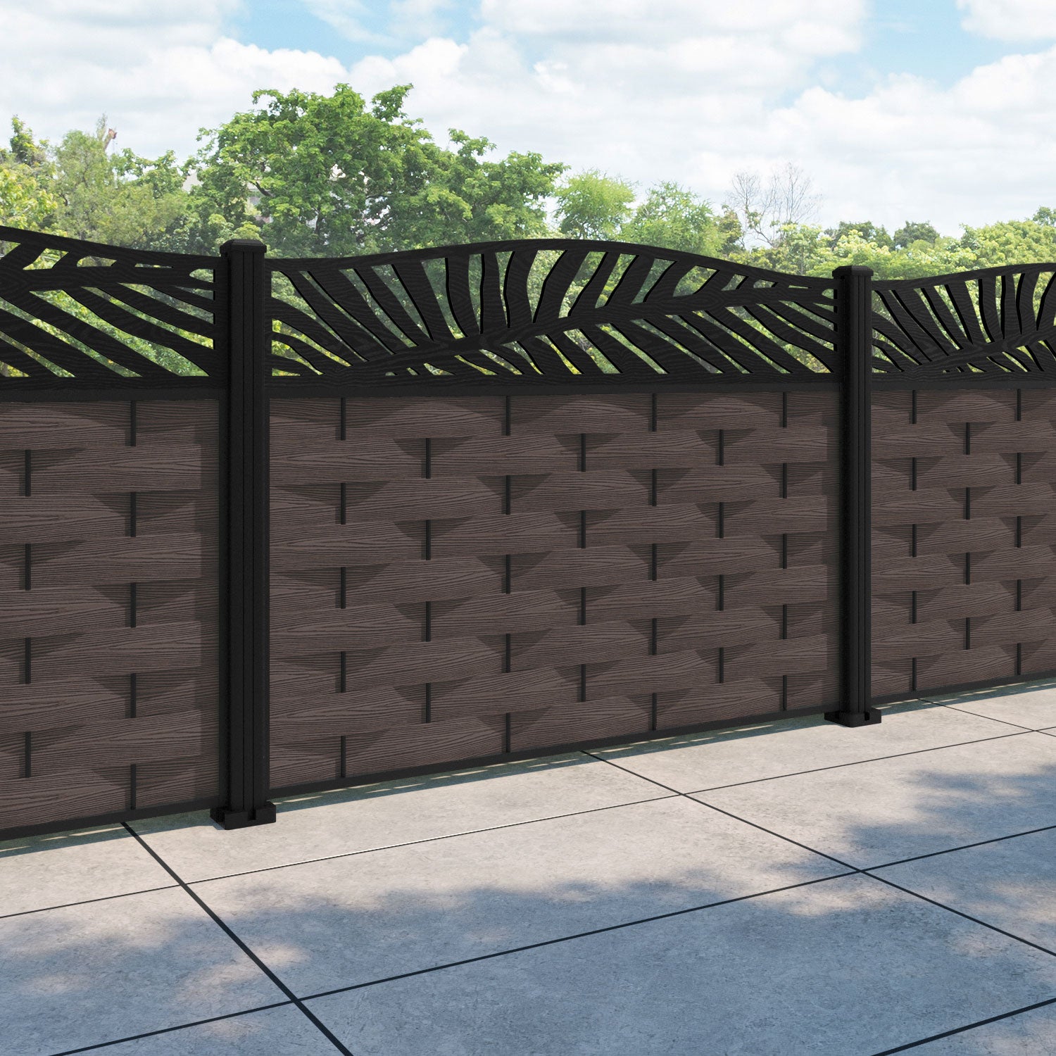 Ripple Palm Curved Top Fence Panel - Mid Brown - with our aluminium posts