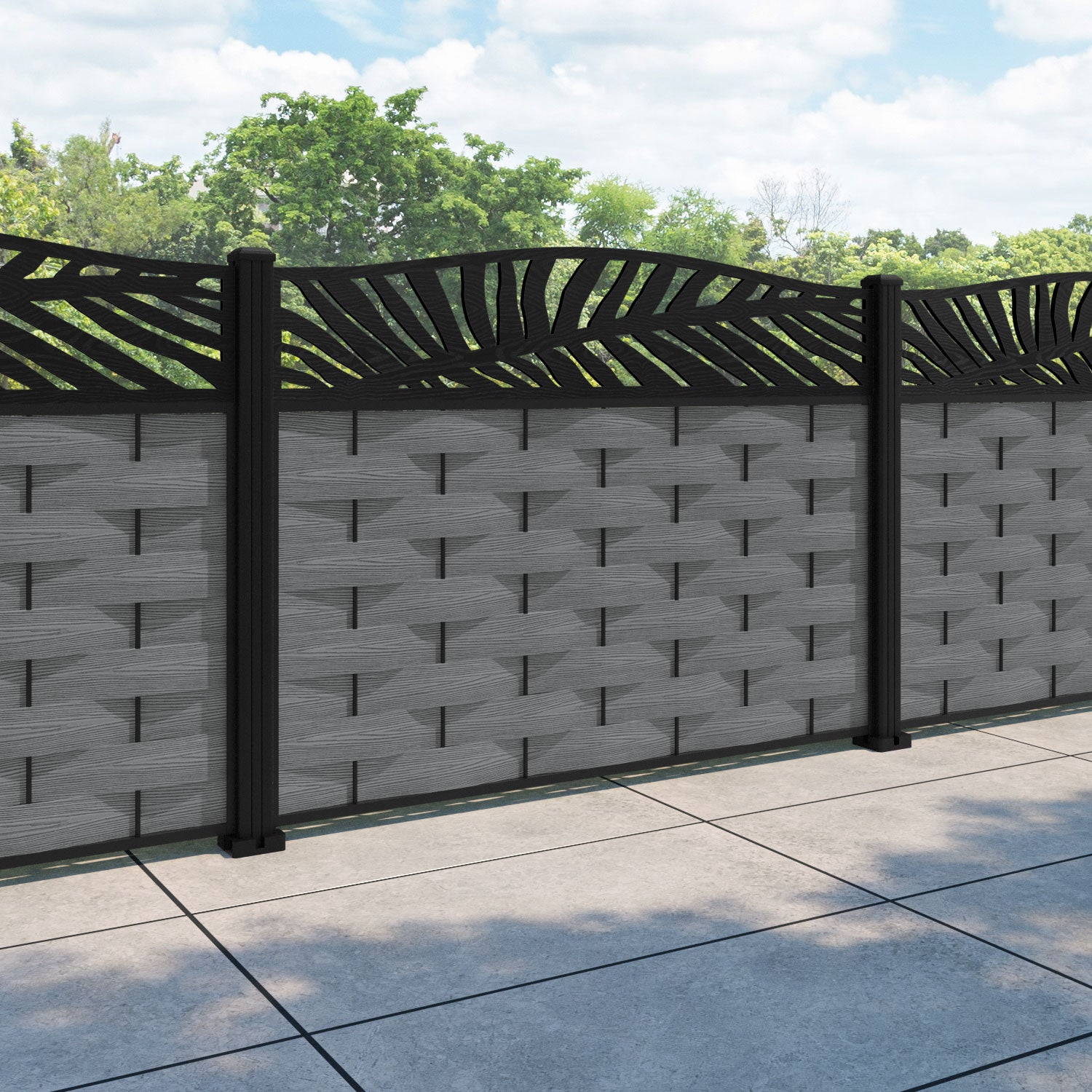 Ripple Palm Curved Top Fence Panel - Mid Grey - with our aluminium posts