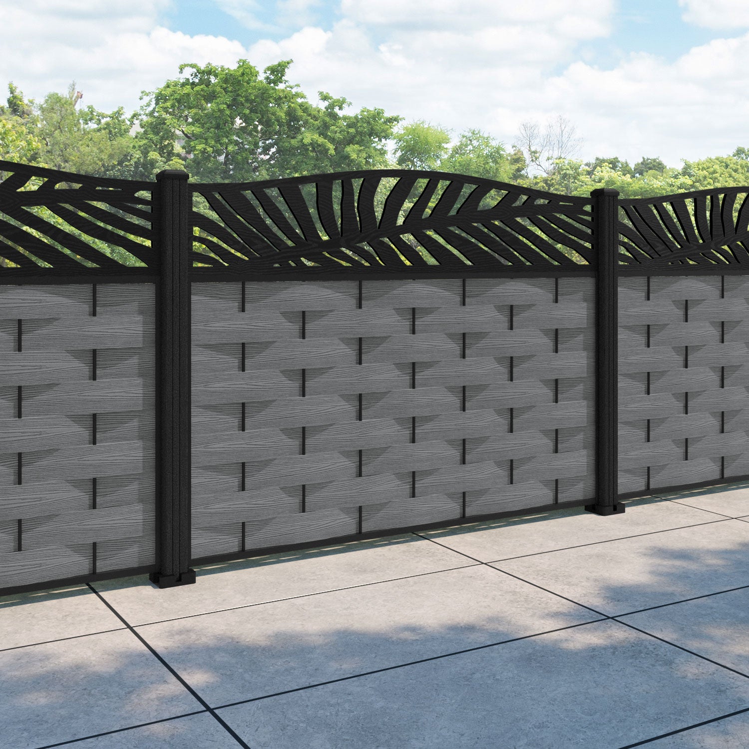 Ripple Palm Curved Top Fence Panel - Mid Grey - with our composite posts