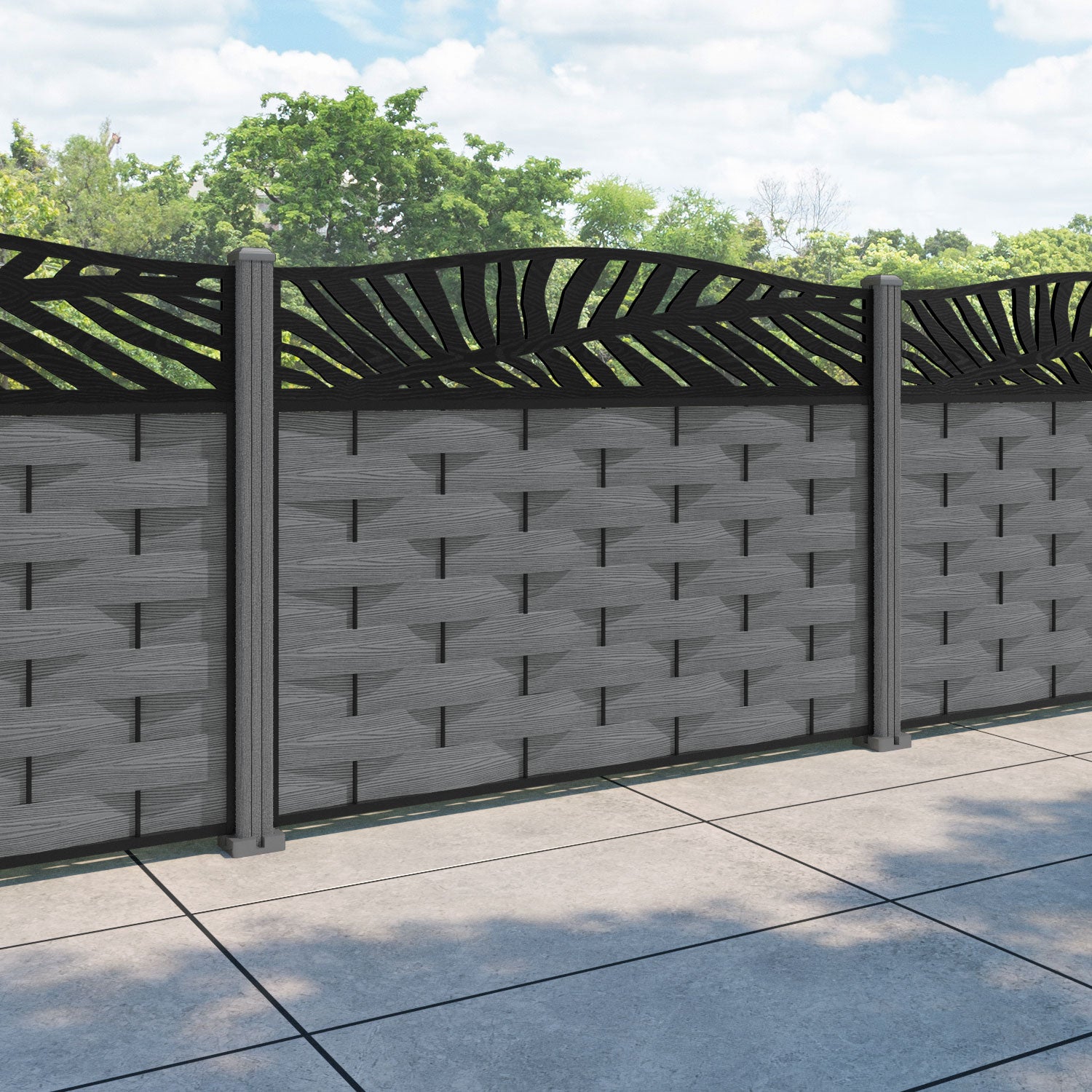 Ripple Palm Curved Top Fence Panel - Mid Grey - with our composite posts