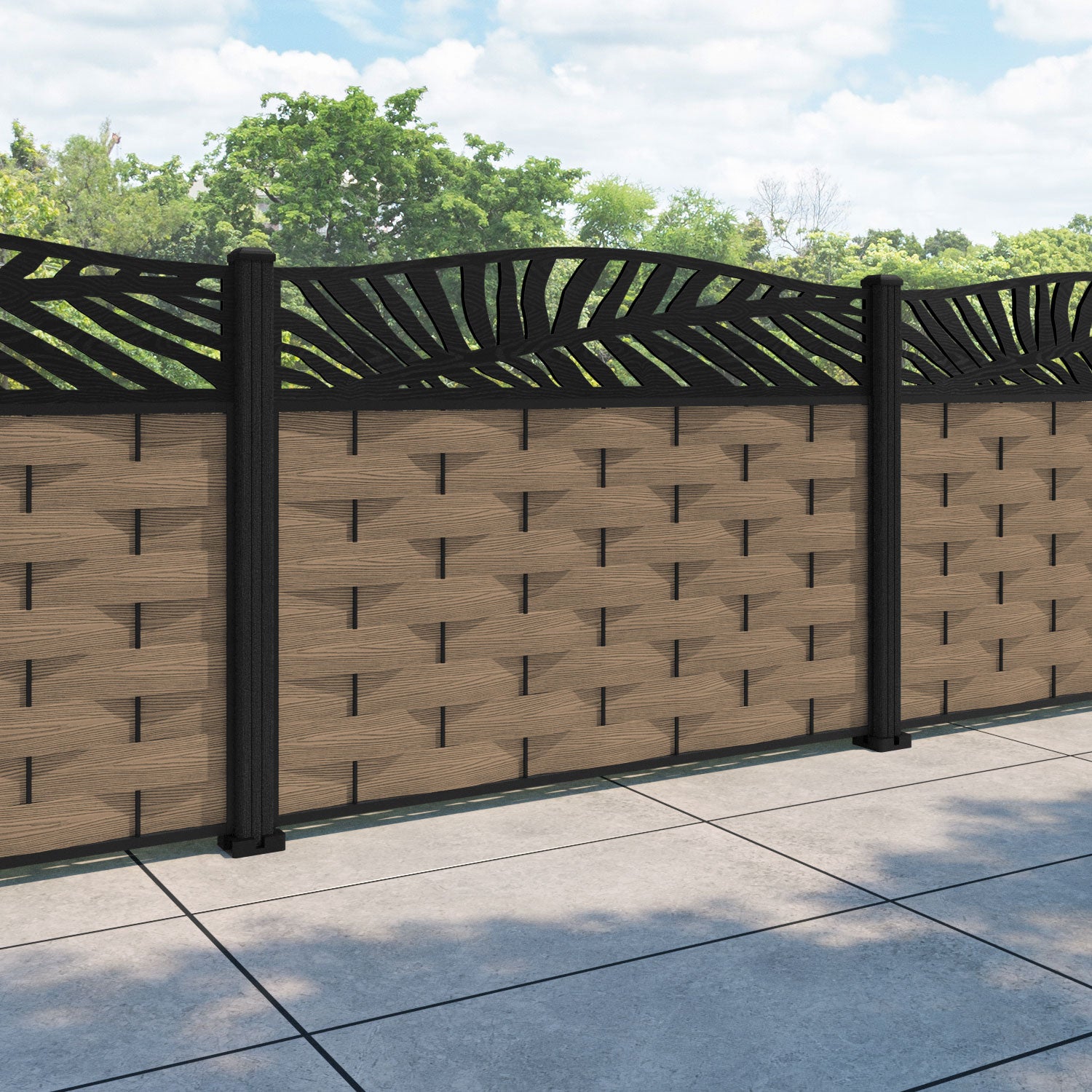 Ripple Palm Curved Top Fence Panel - Teak - with our composite posts