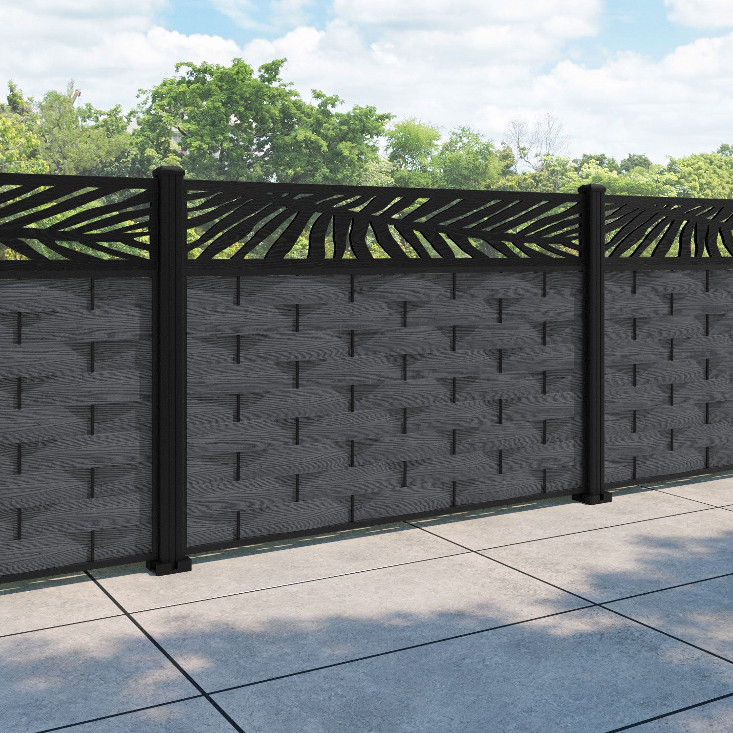 Ripple Palm Fence Panel - Dark Grey - with our aluminium posts