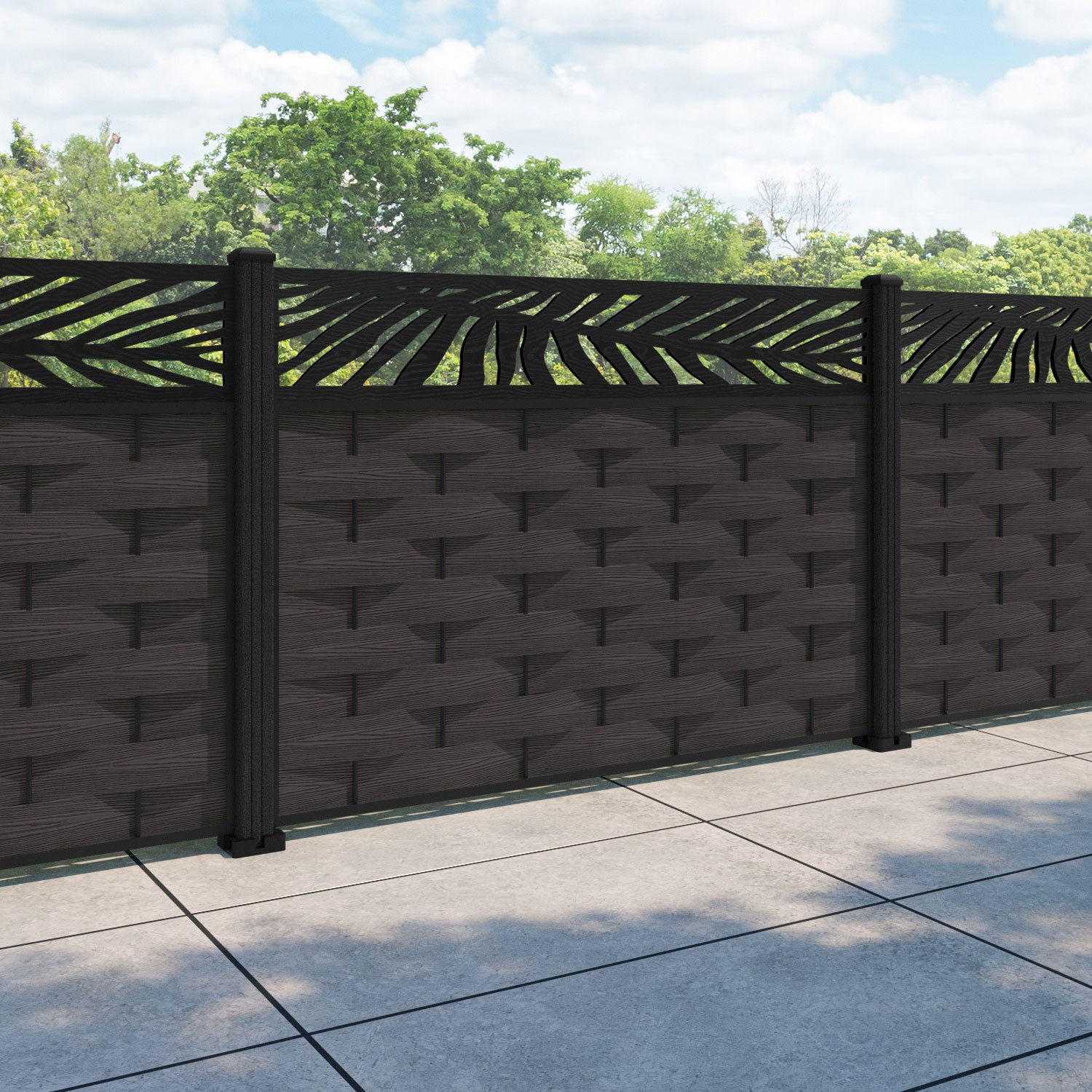 Ripple Palm Fence Panel - Dark Oak - with our composite posts