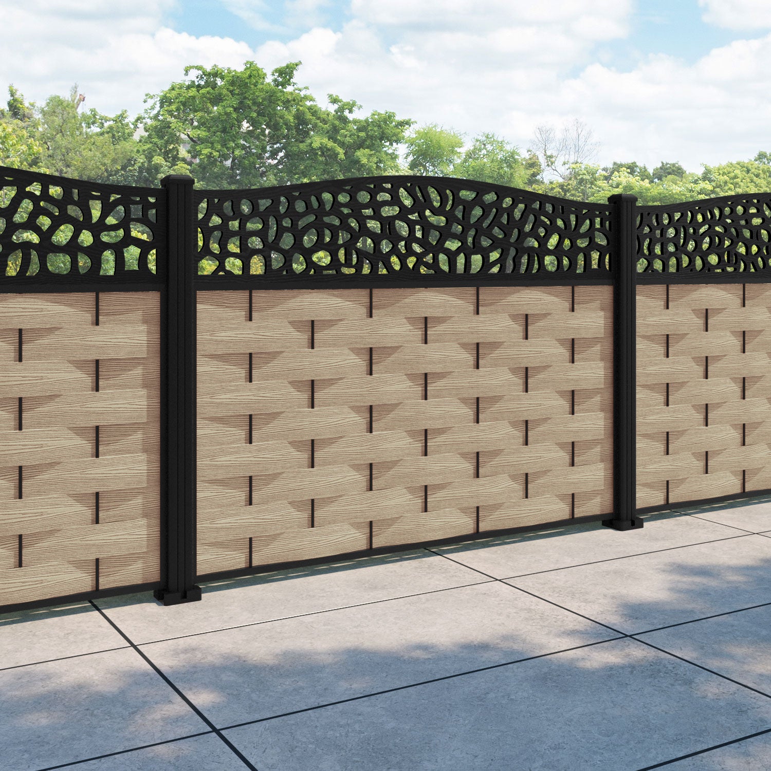 Ripple Pebble Curved Top Fence Panel - Light Oak - with our aluminium posts