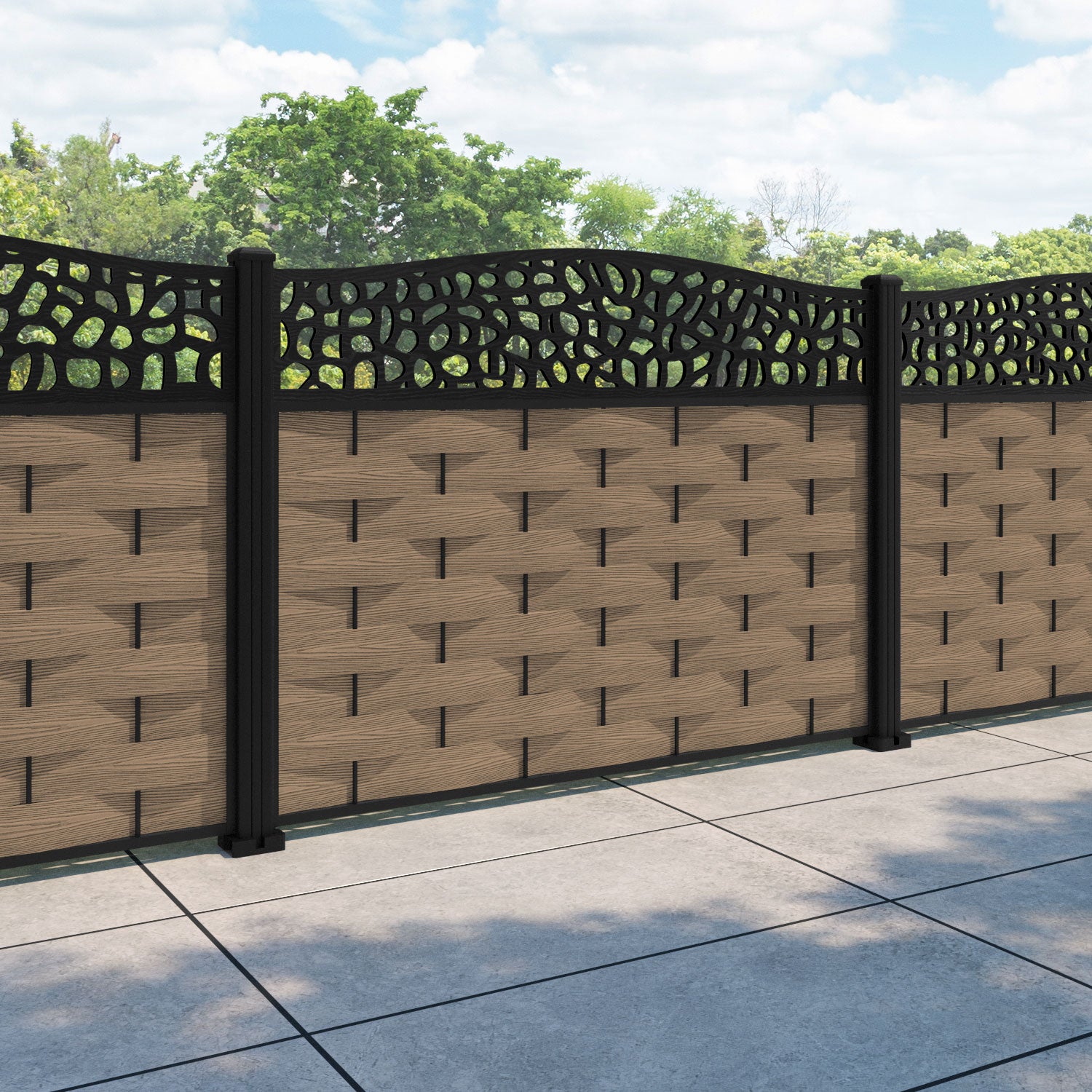 Ripple Pebble Curved Top Fence Panel - Teak - with our aluminium posts