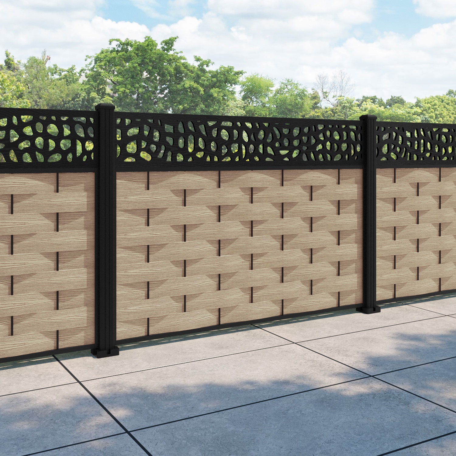 Ripple Pebble Fence Panel - Light Oak - with our aluminium posts