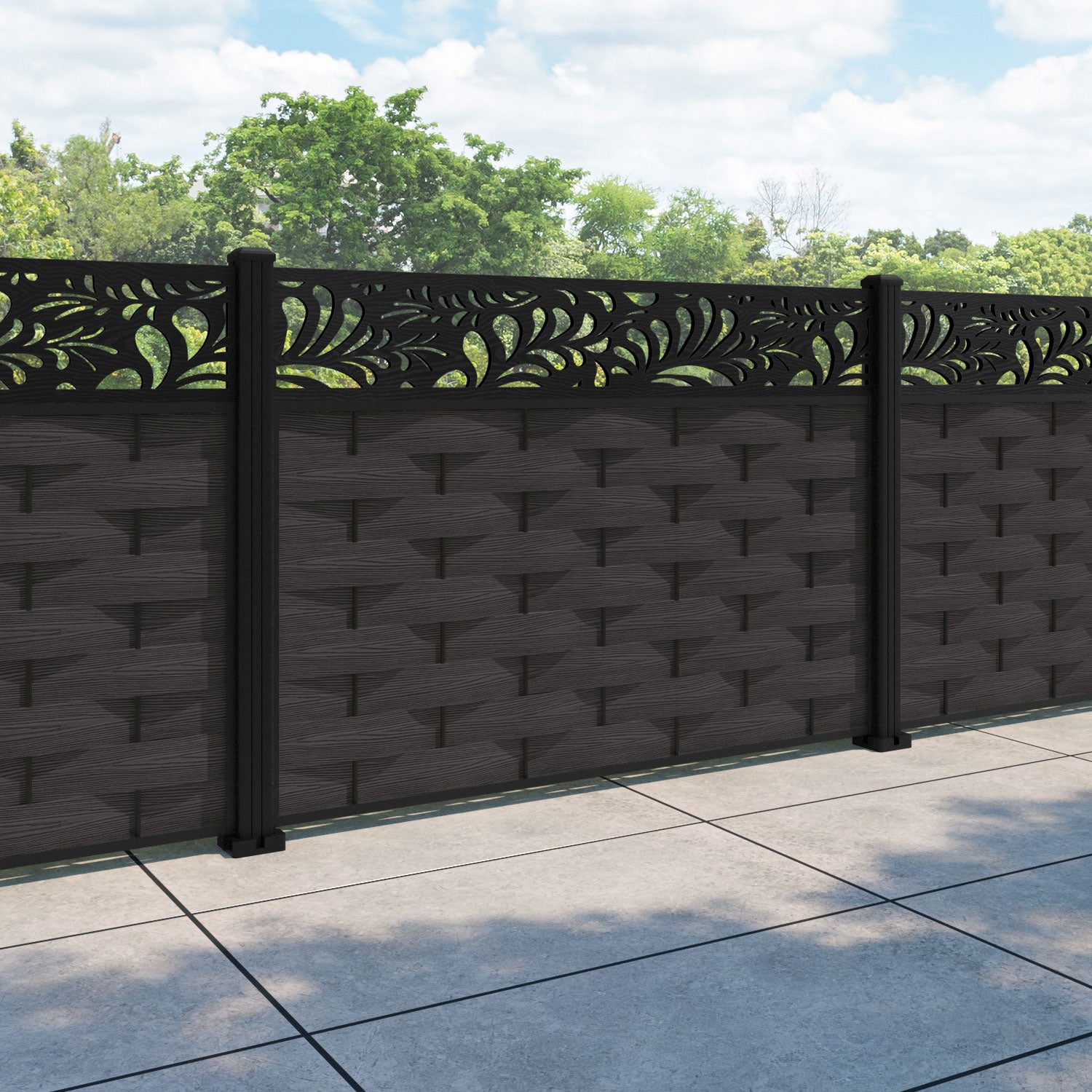Ripple Petal Fence Panel - Dark Oak - with our aluminium posts