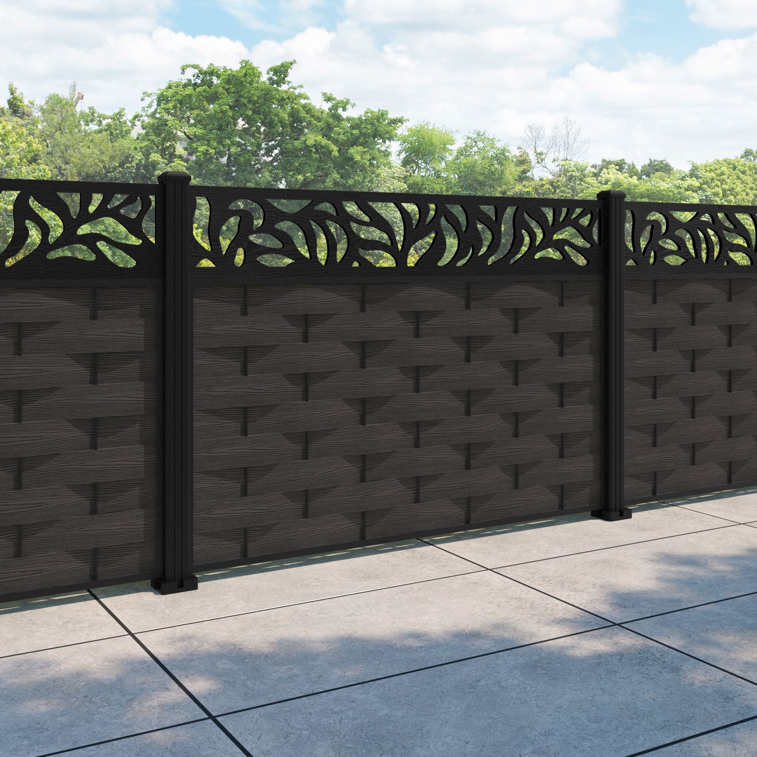Ripple Plume Fence Panel - Dark Oak - with our aluminium posts