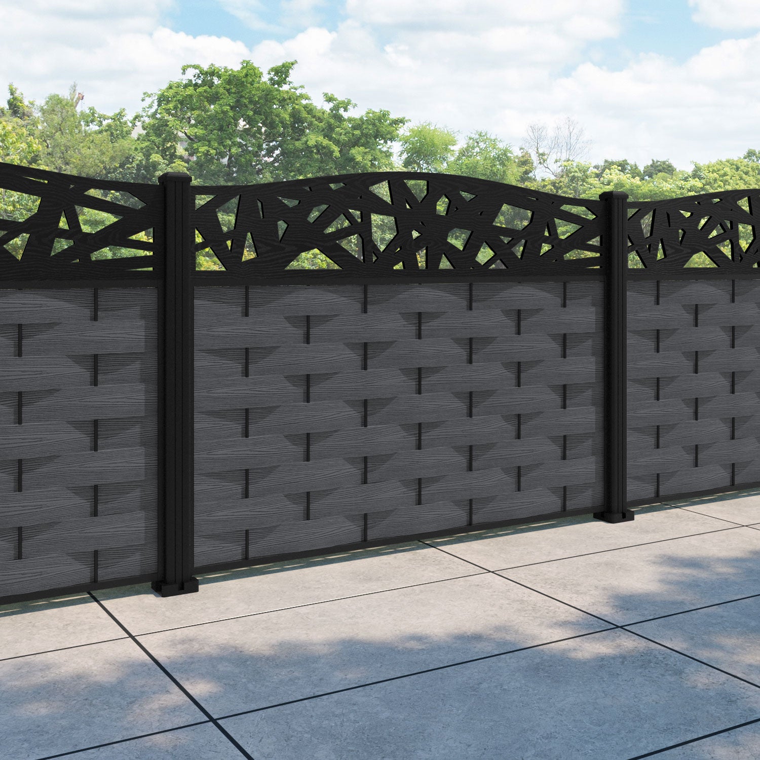 Ripple Prism Curved Top Fence Panel - Dark Grey - with our aluminium posts