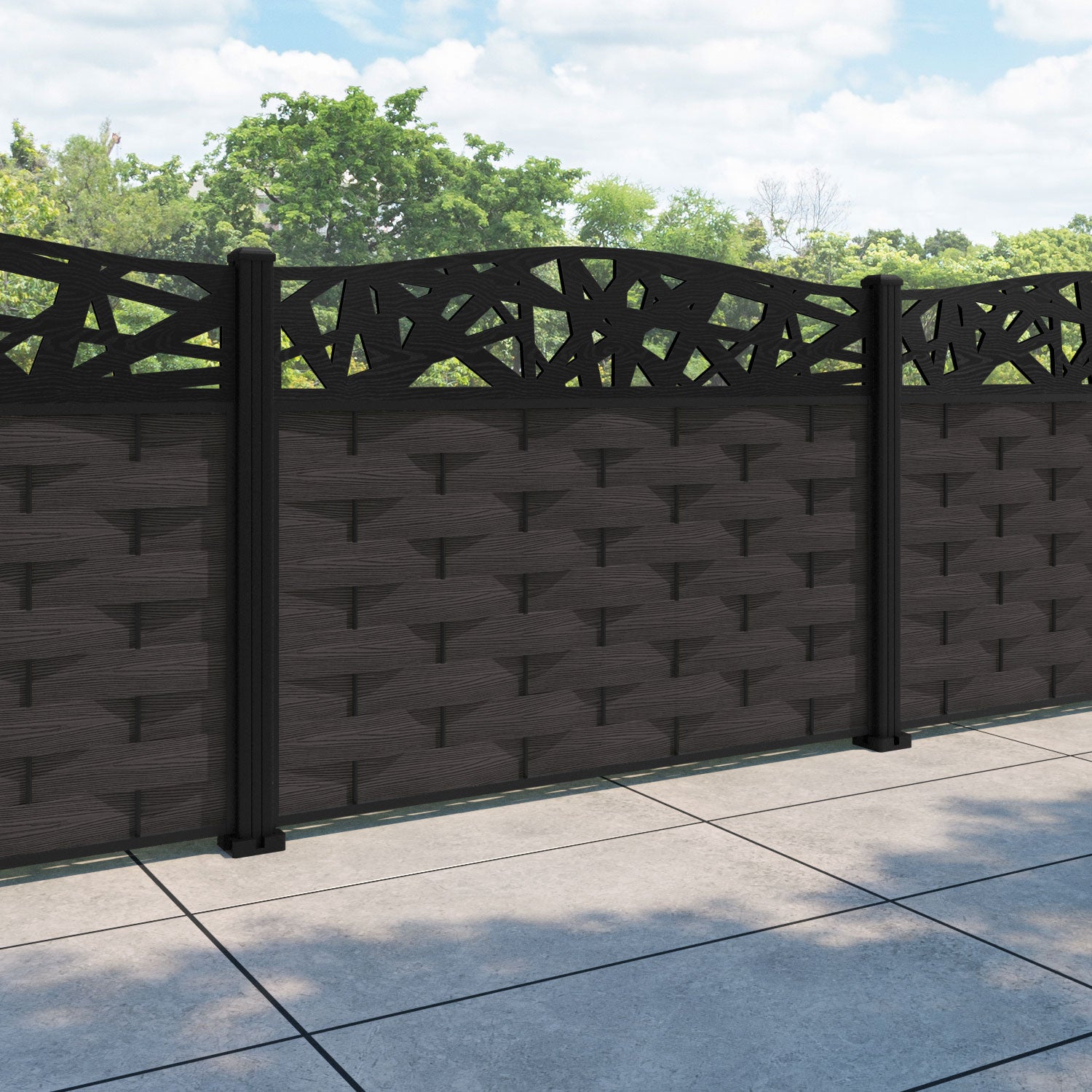 Ripple Prism Curved Top Fence Panel - Dark Oak - with our aluminium posts