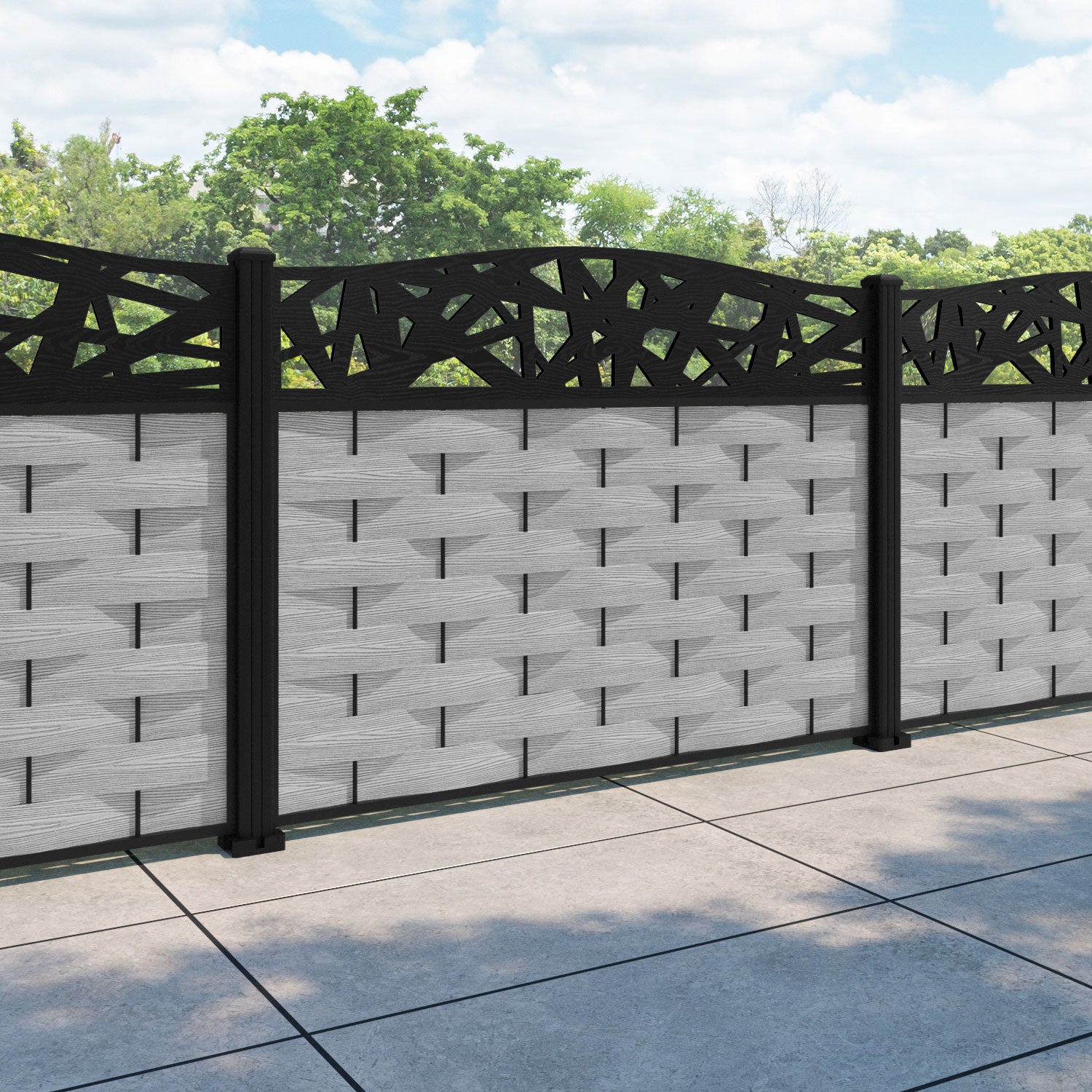 Ripple Prism Curved Top Fence Panel - Light Grey - with our aluminium posts