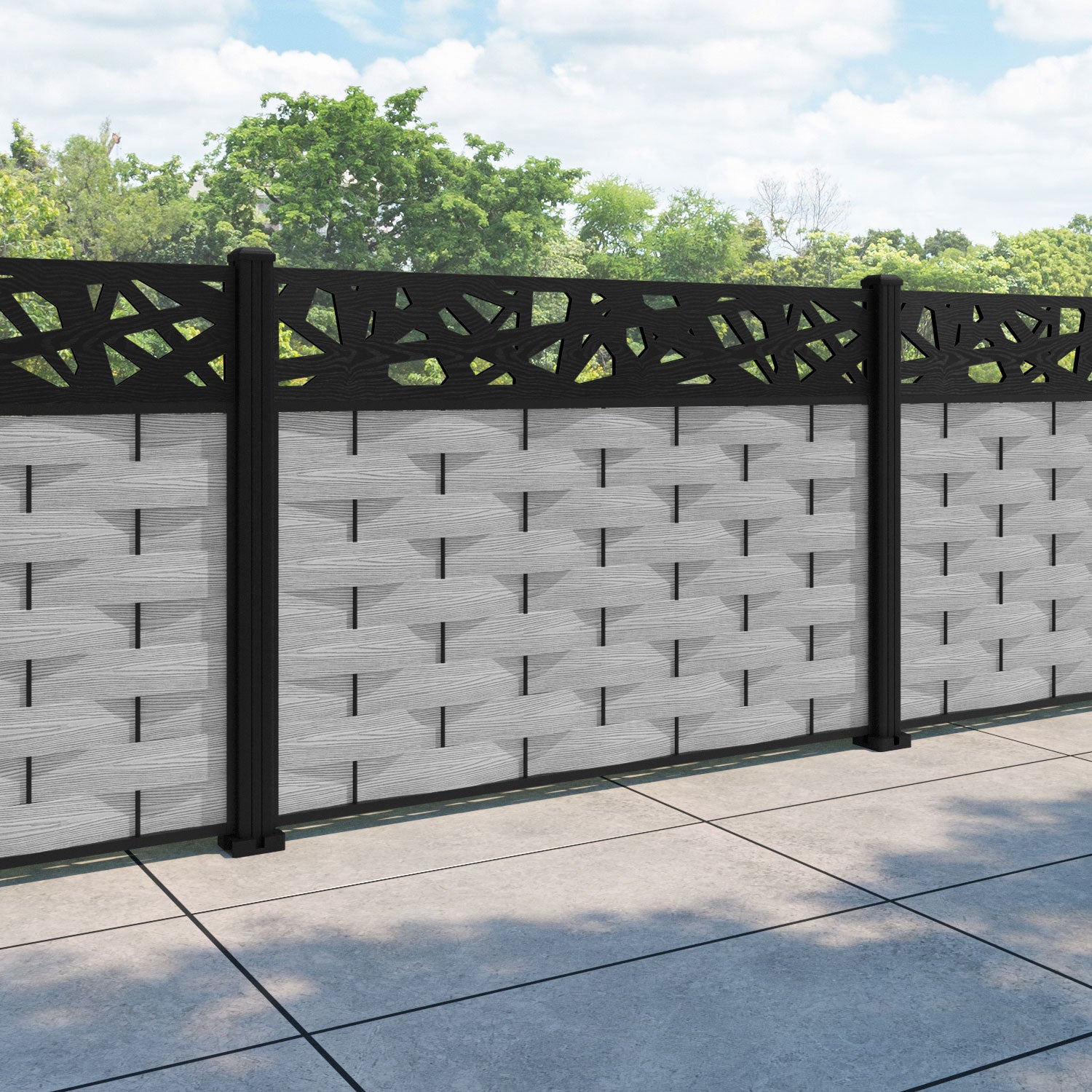 Ripple Prism Fence Panel - Light Grey - with our aluminium posts
