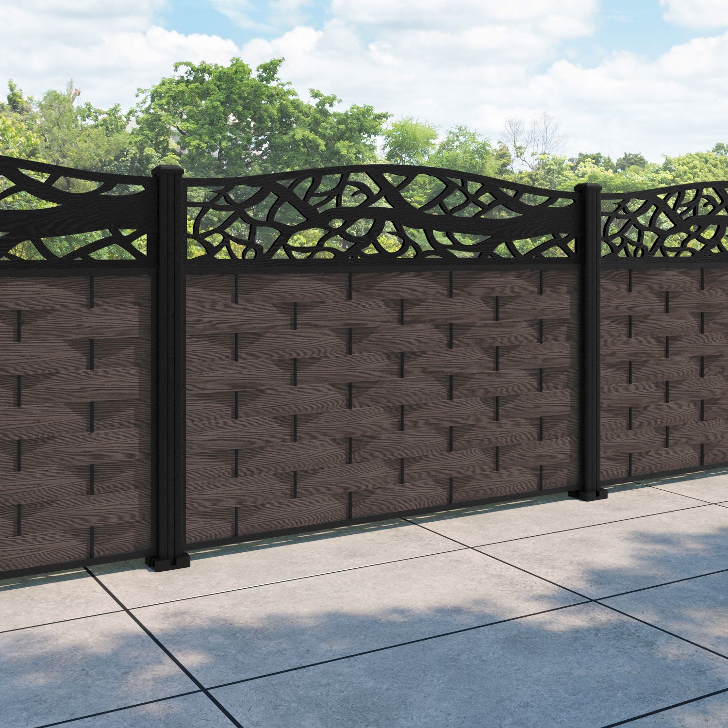 Ripple Twilight Curved Top Fence Panel - Mid Brown - with our aluminium posts