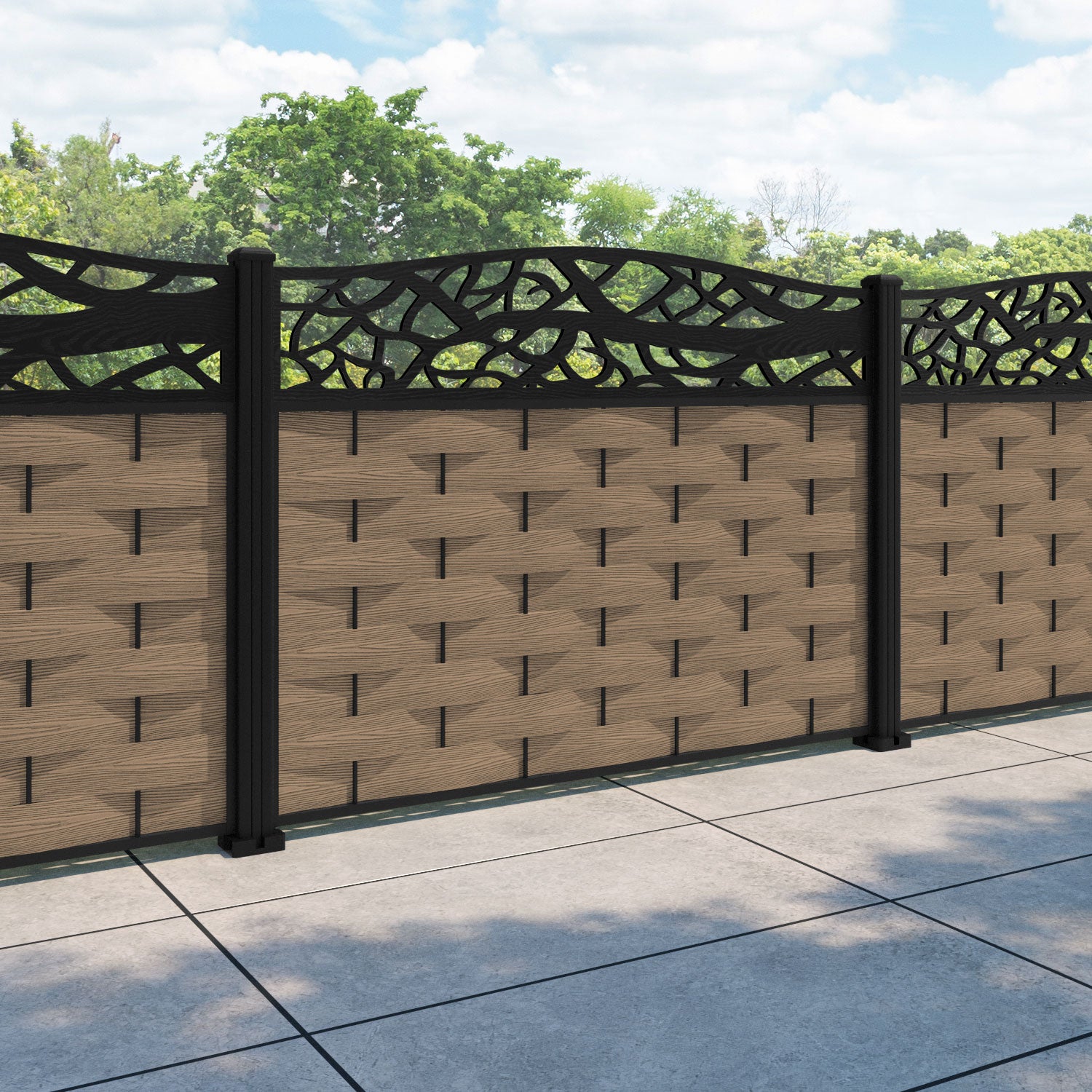 Ripple Twilight Curved Top Fence Panel - Teak - with our aluminium posts