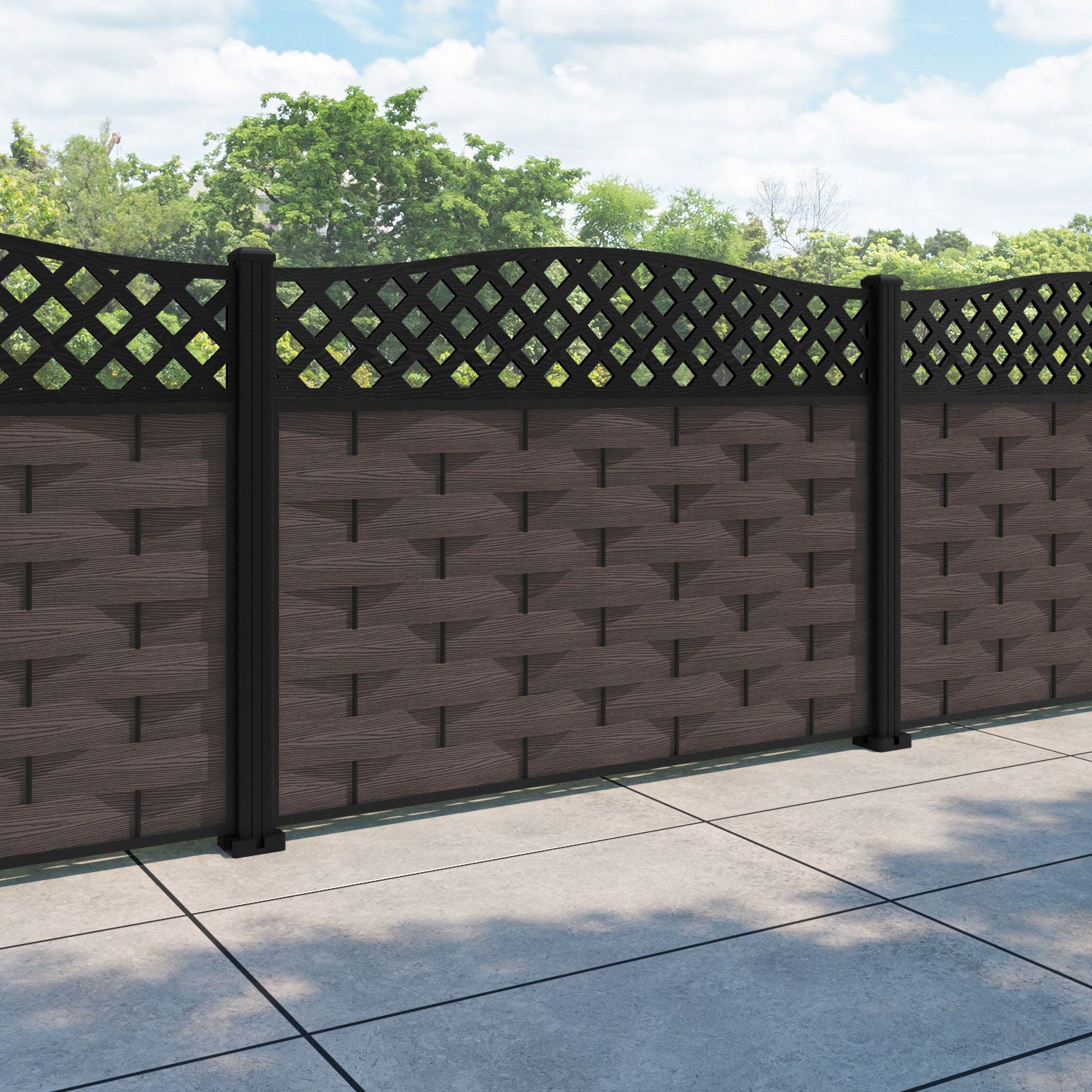 Ripple High Wave Fence Panel - Mid Brown - with our aluminium posts