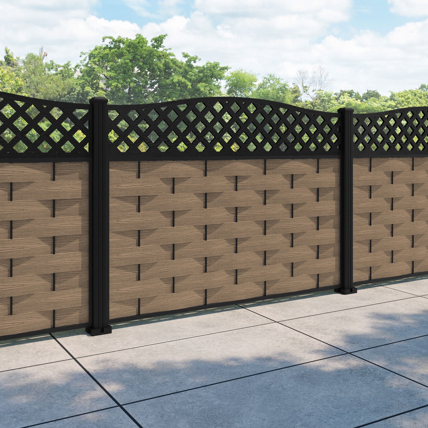 Ripple High Wave Fence Panel - Teak - with our aluminium posts