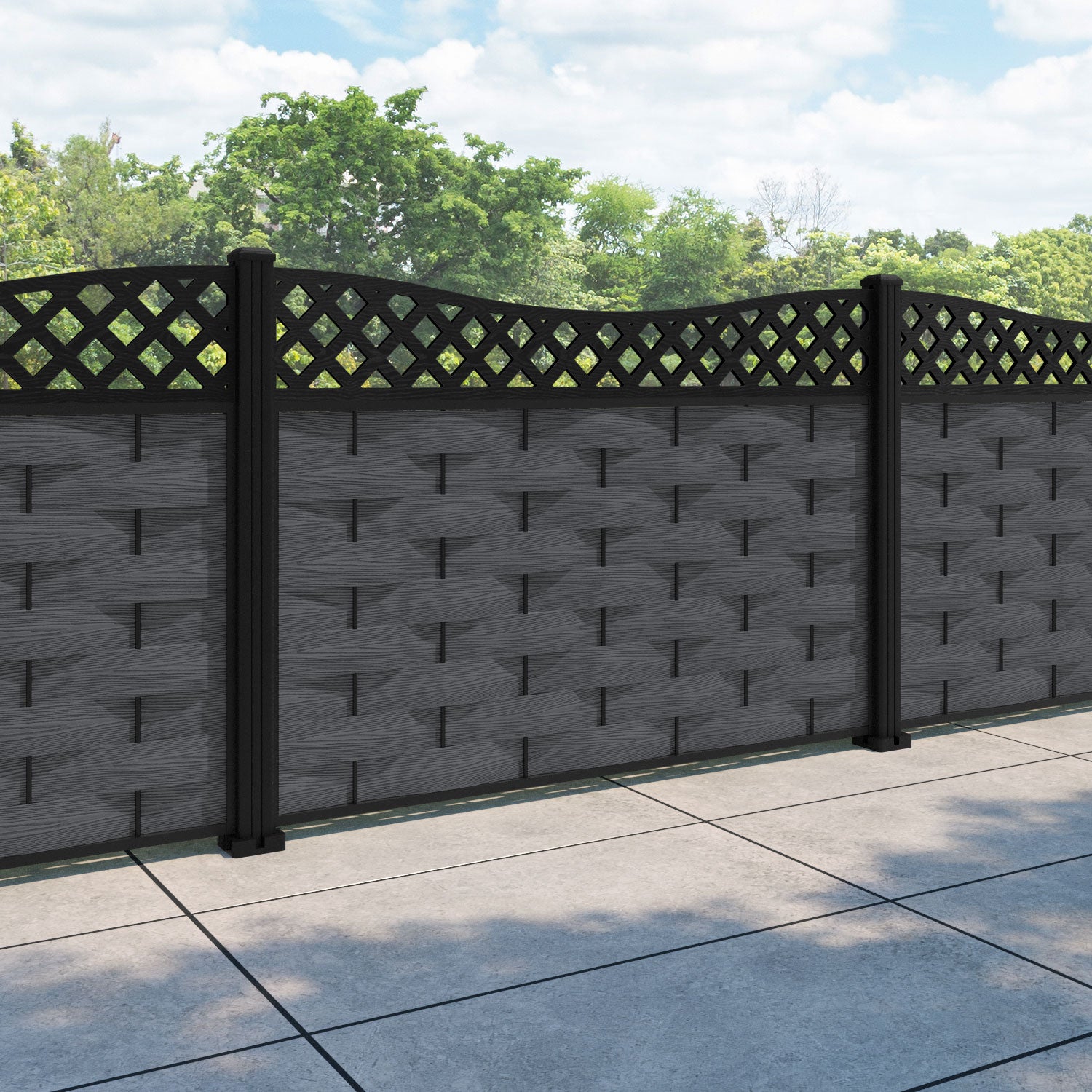 Ripple Low Wave Fence Panel - Dark Grey - with our aluminium posts