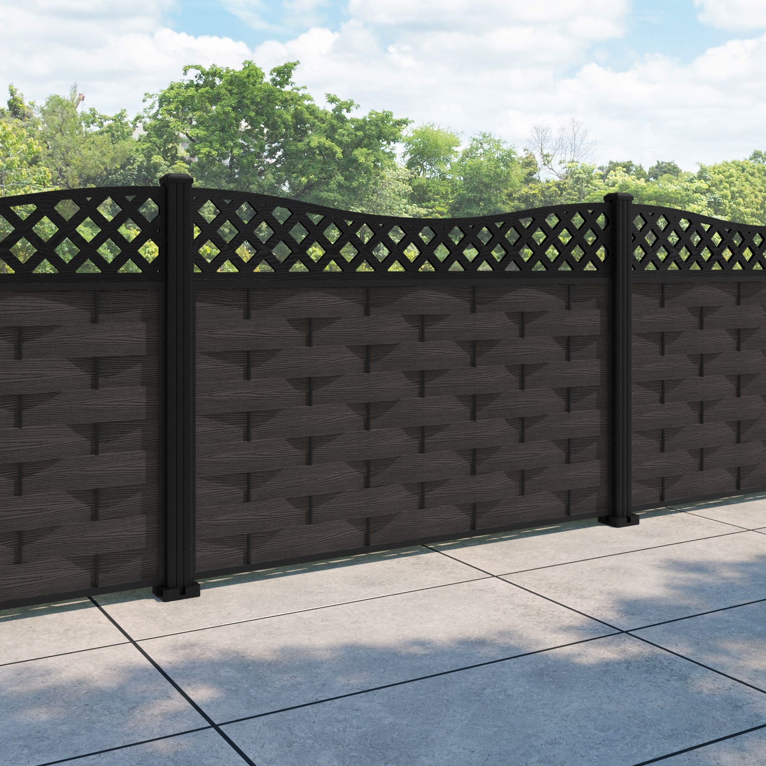 Ripple Low Wave Fence Panel - Dark Oak - with our aluminium posts