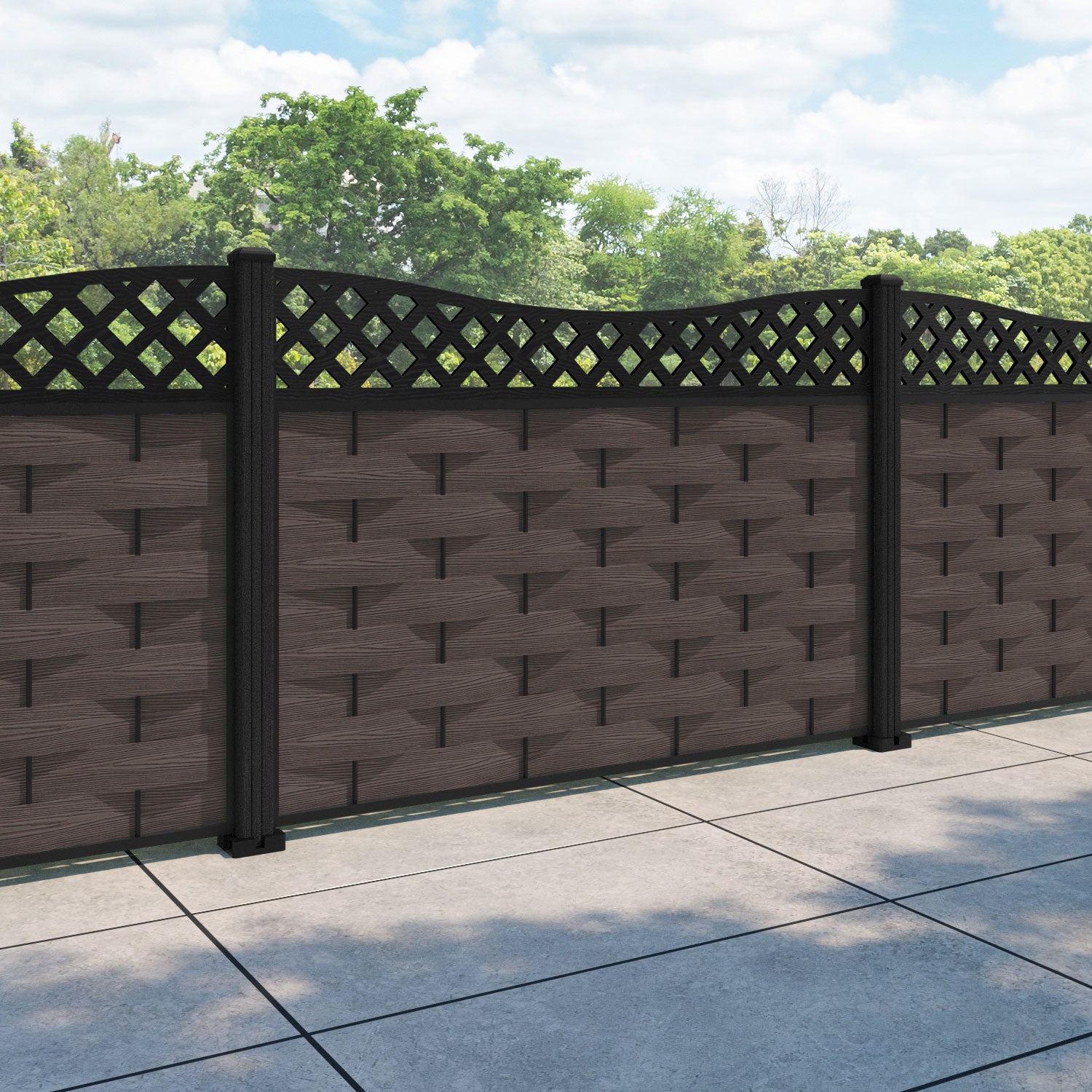 Ripple Low Wave Fence Panel - Mid Brown - with our composite posts