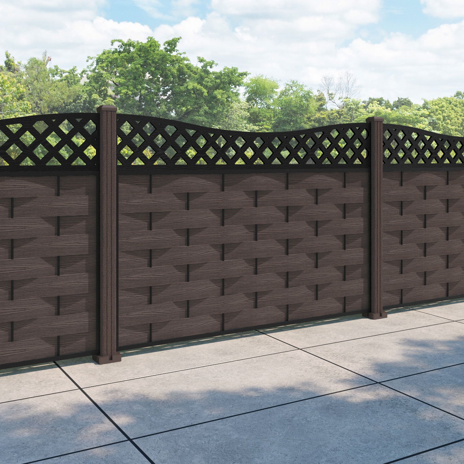 Ripple Low Wave Fence Panel - Mid Brown - with our composite posts