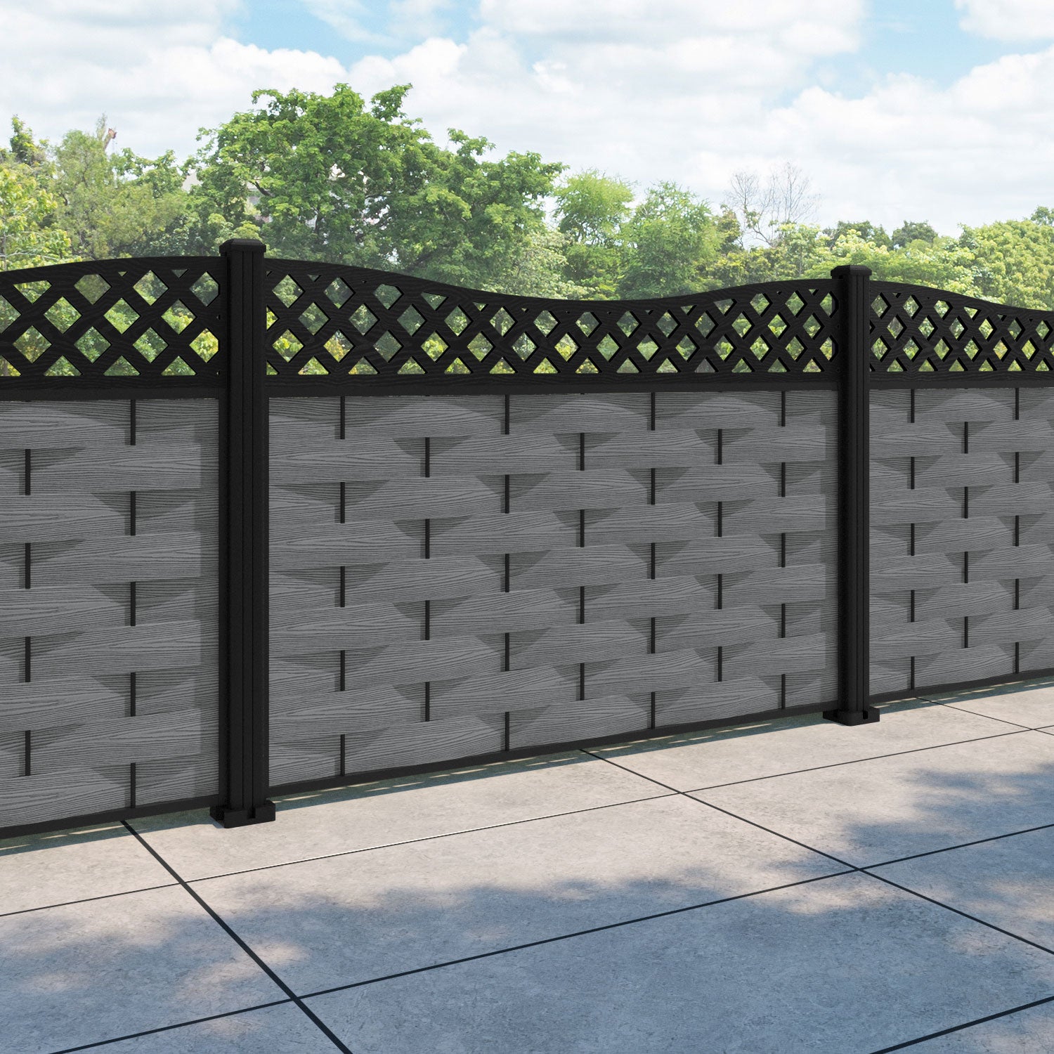 Ripple Low Wave Fence Panel - Mid Grey - with our aluminium posts